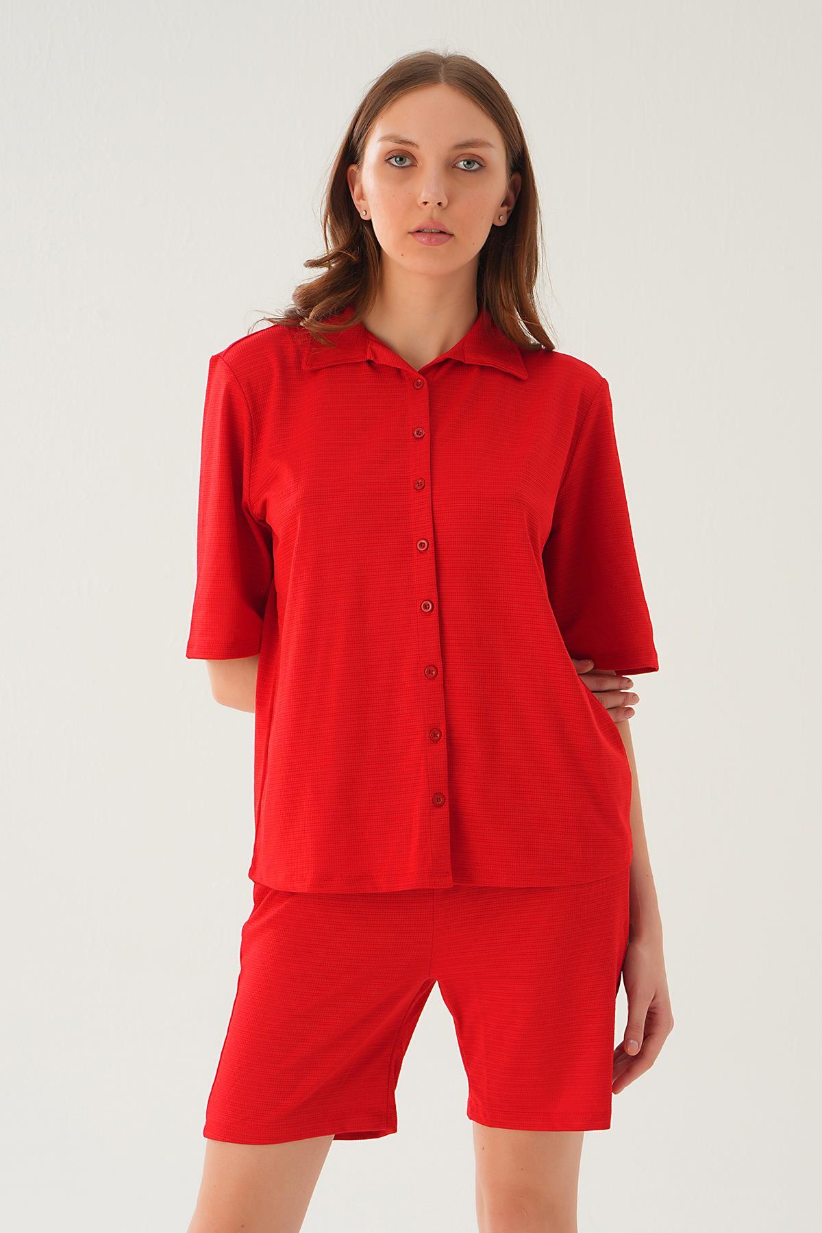 Kırmızı Gömlek Şort Takım 9031M 