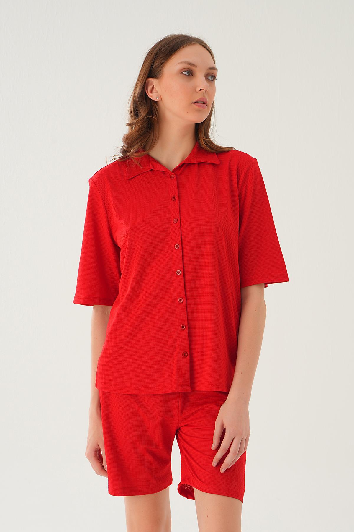Kırmızı Gömlek Şort Takım 9031M - 2