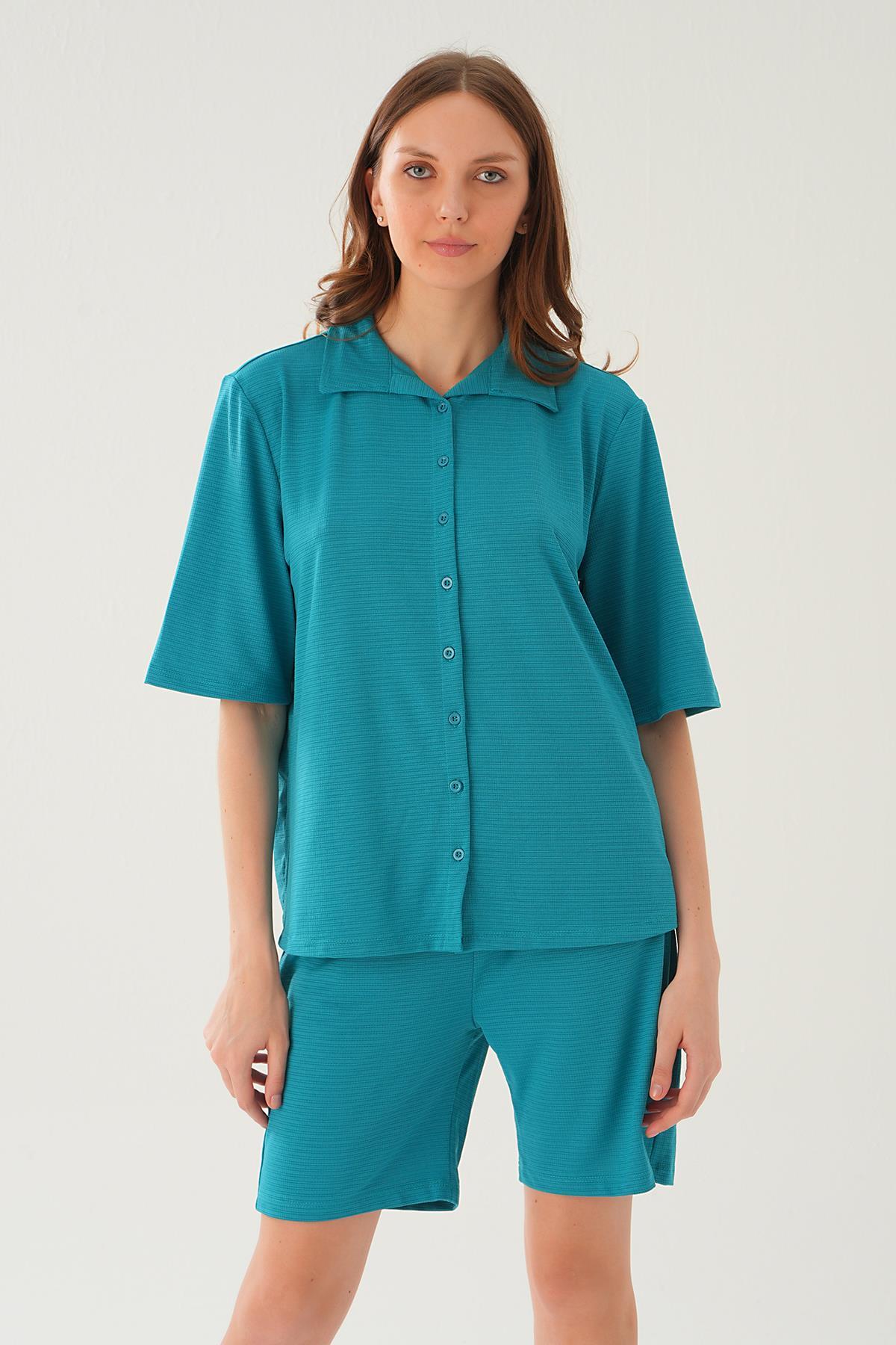 Petrol Gömlek Şort Takım 9031M - 1