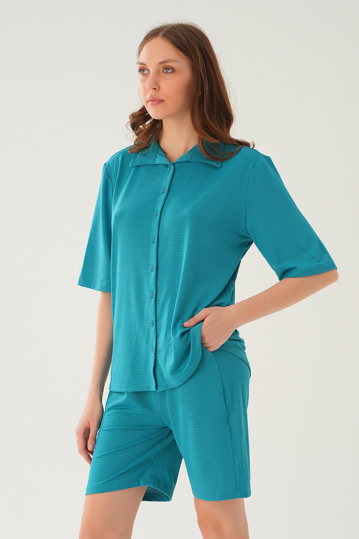 Petrol Gömlek Şort Takım 9031M - 3