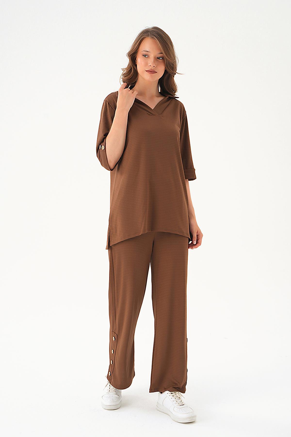 Kahve Gömlek Yaka Düğmeli Pantolon Takım 9032M - 2