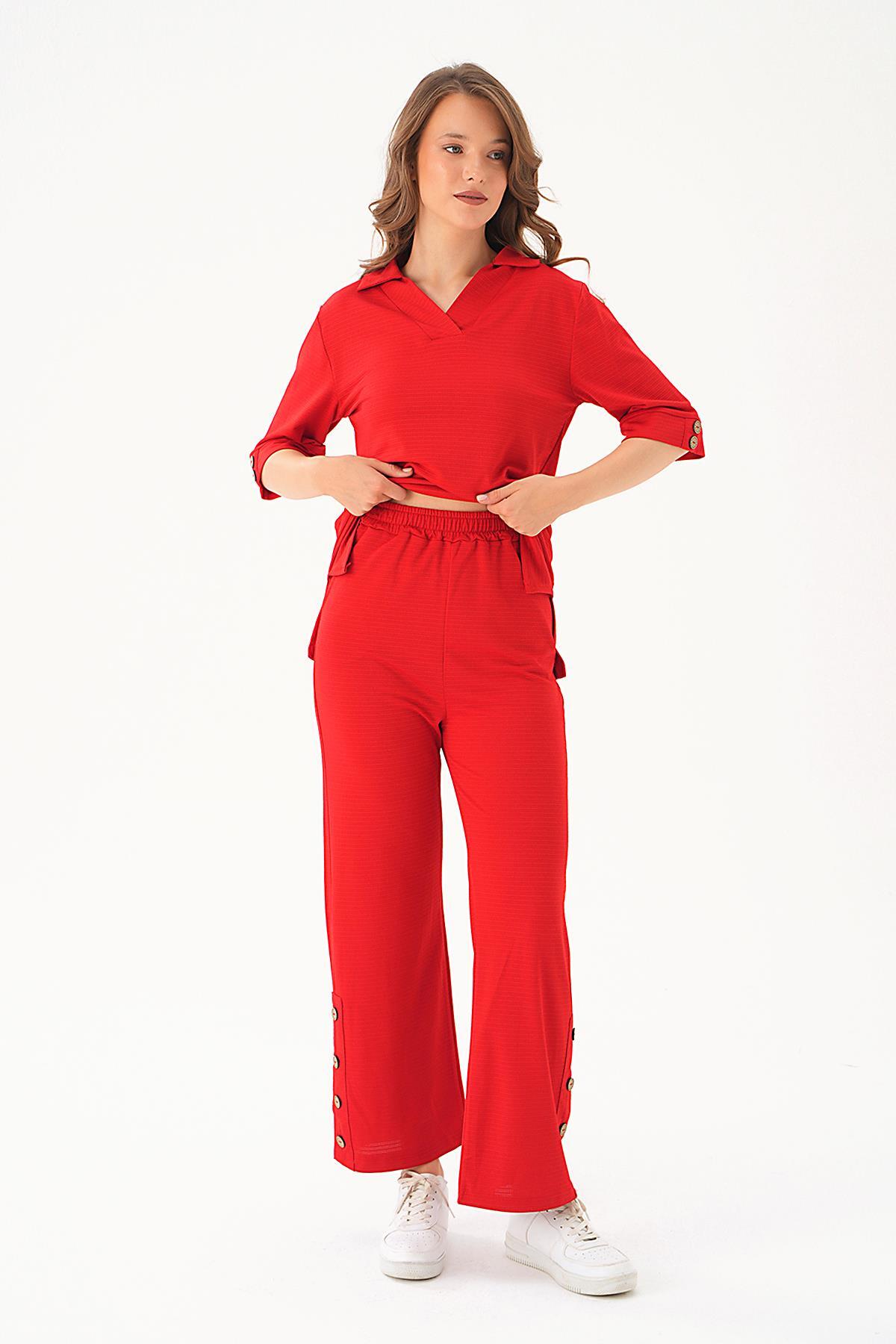 Kırmızı Gömlek Yaka Düğmeli Pantolon Takım 9032M 