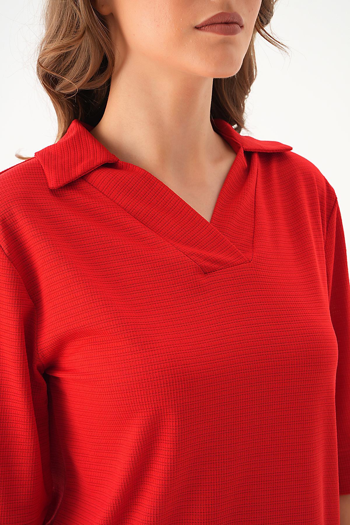 Kırmızı Gömlek Yaka Düğmeli Pantolon Takım 9032M - 3