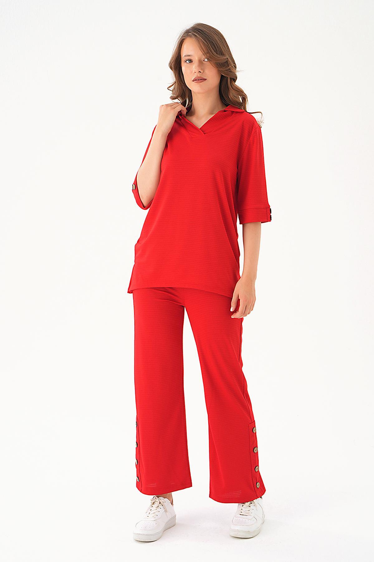 Kırmızı Gömlek Yaka Düğmeli Pantolon Takım 9032M - 5