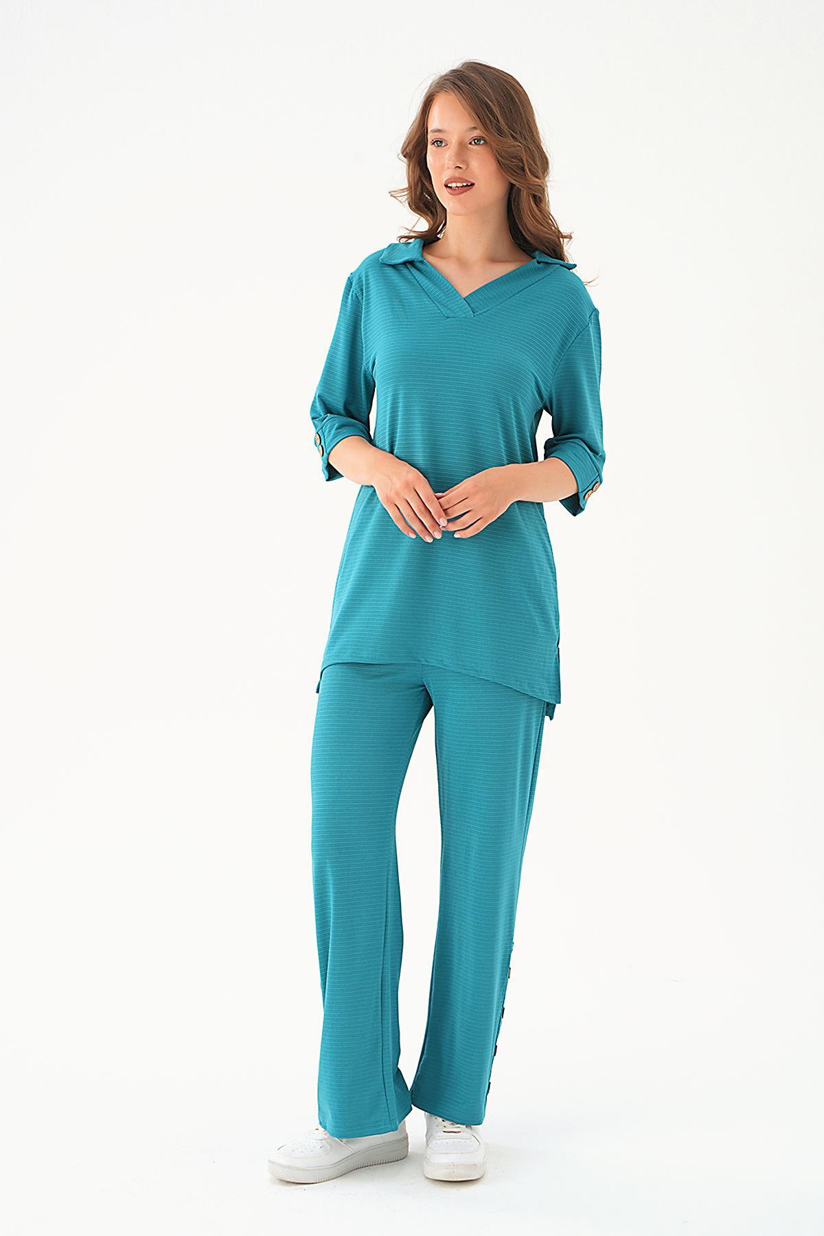 Petrol Gömlek Yaka Düğmeli Pantolon Takım 9032M - 2