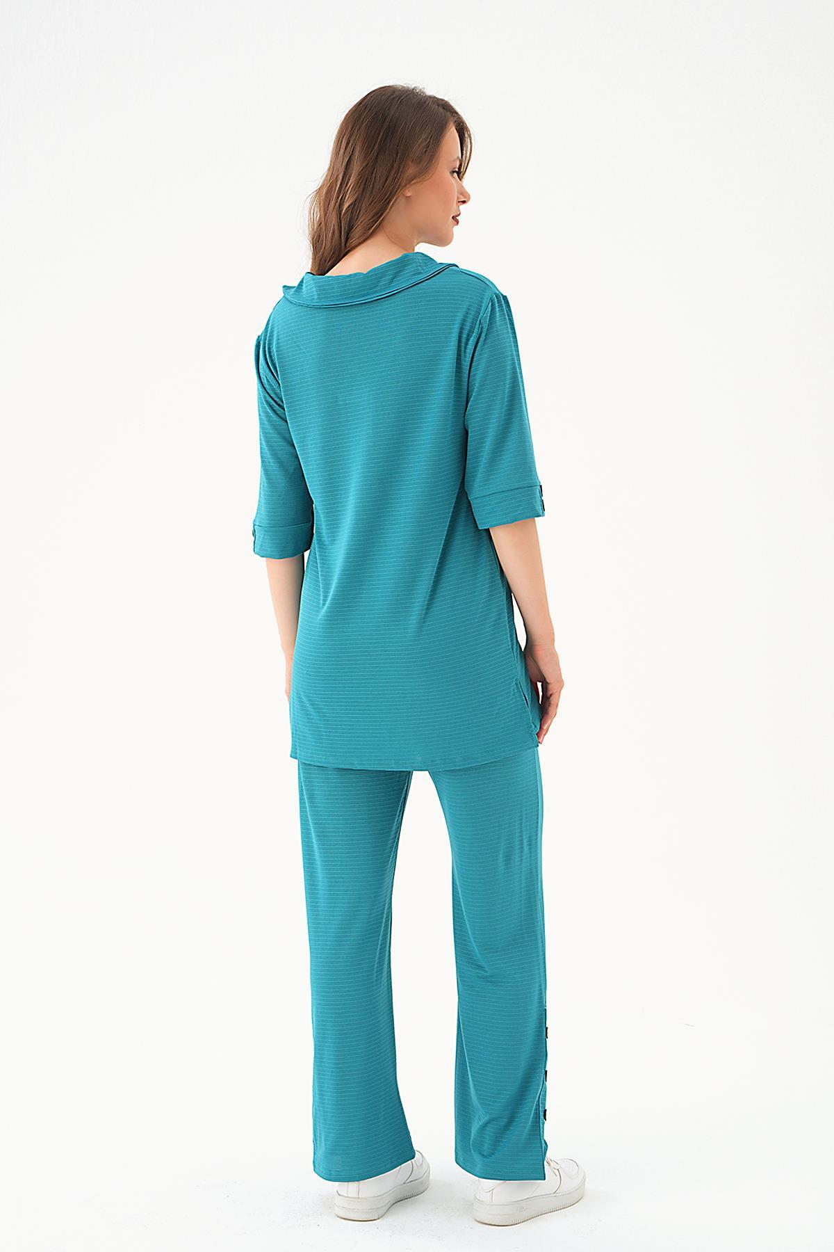 Petrol Gömlek Yaka Düğmeli Pantolon Takım 9032M - 6