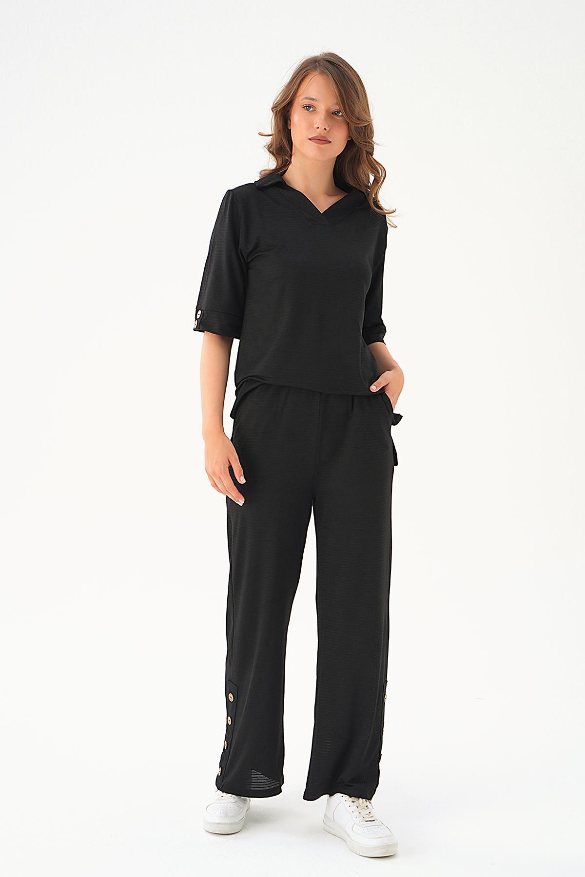 Siyah Gömlek Yaka Düğmeli Pantolon Takım 9032M - 1