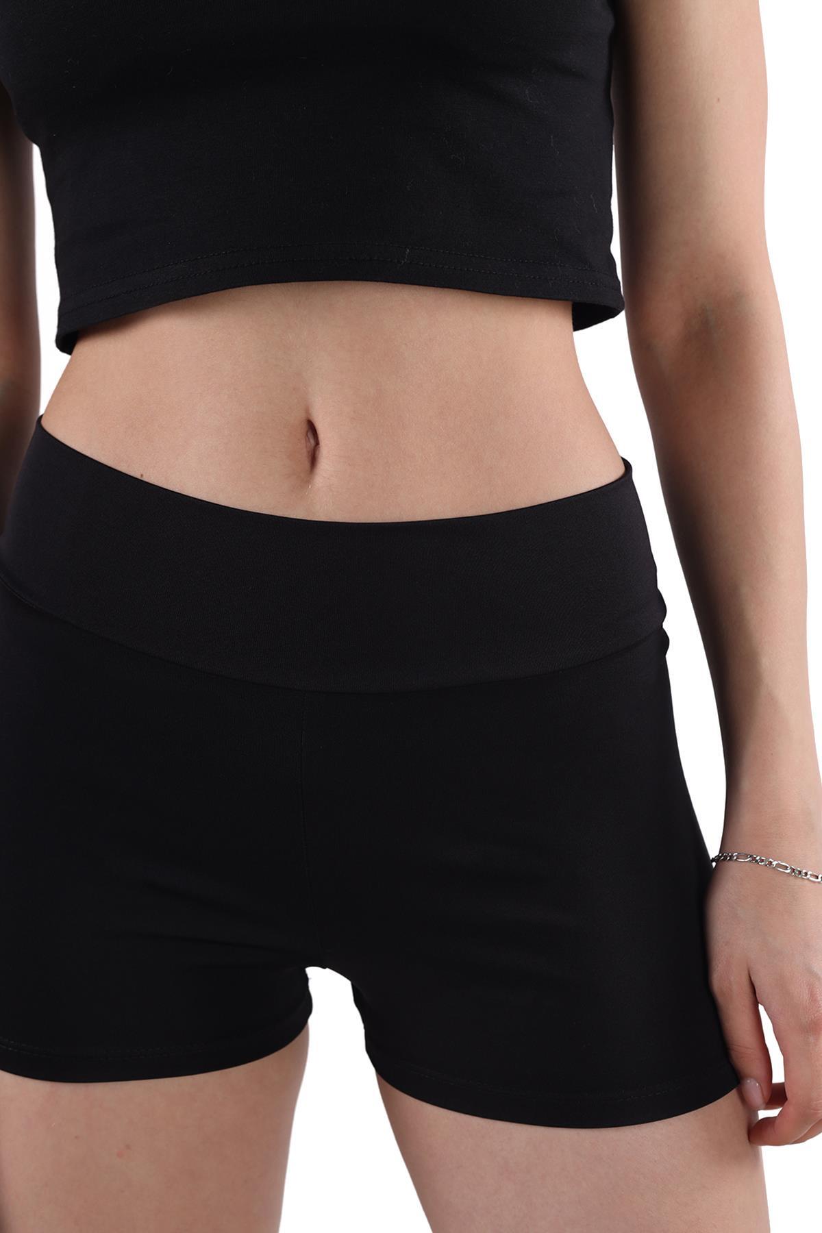 Siyah Yüksek Bel Kısa Şort Tayt 9036M - 2