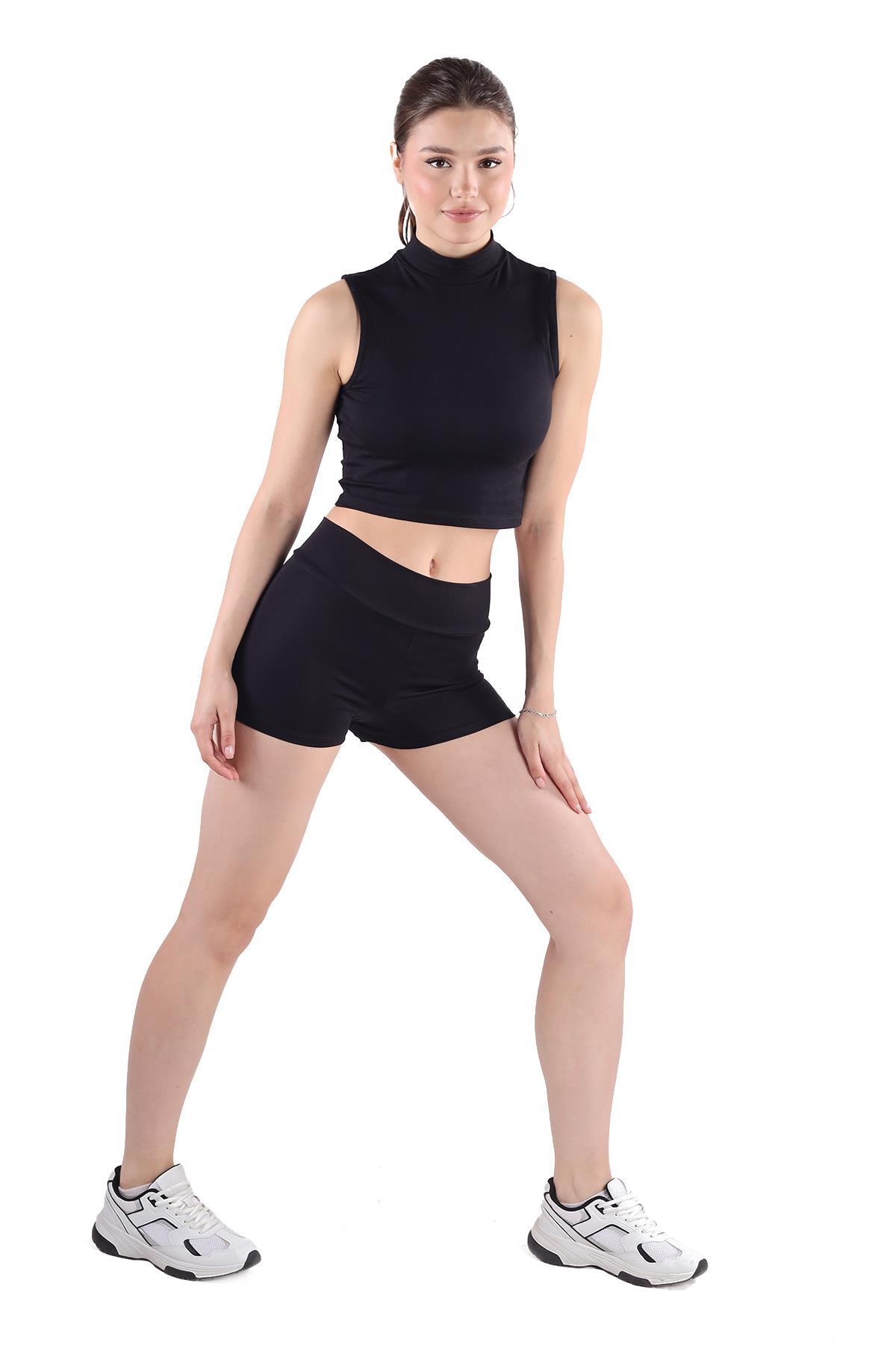 Siyah Yüksek Bel Kısa Şort Tayt 9036M - 8