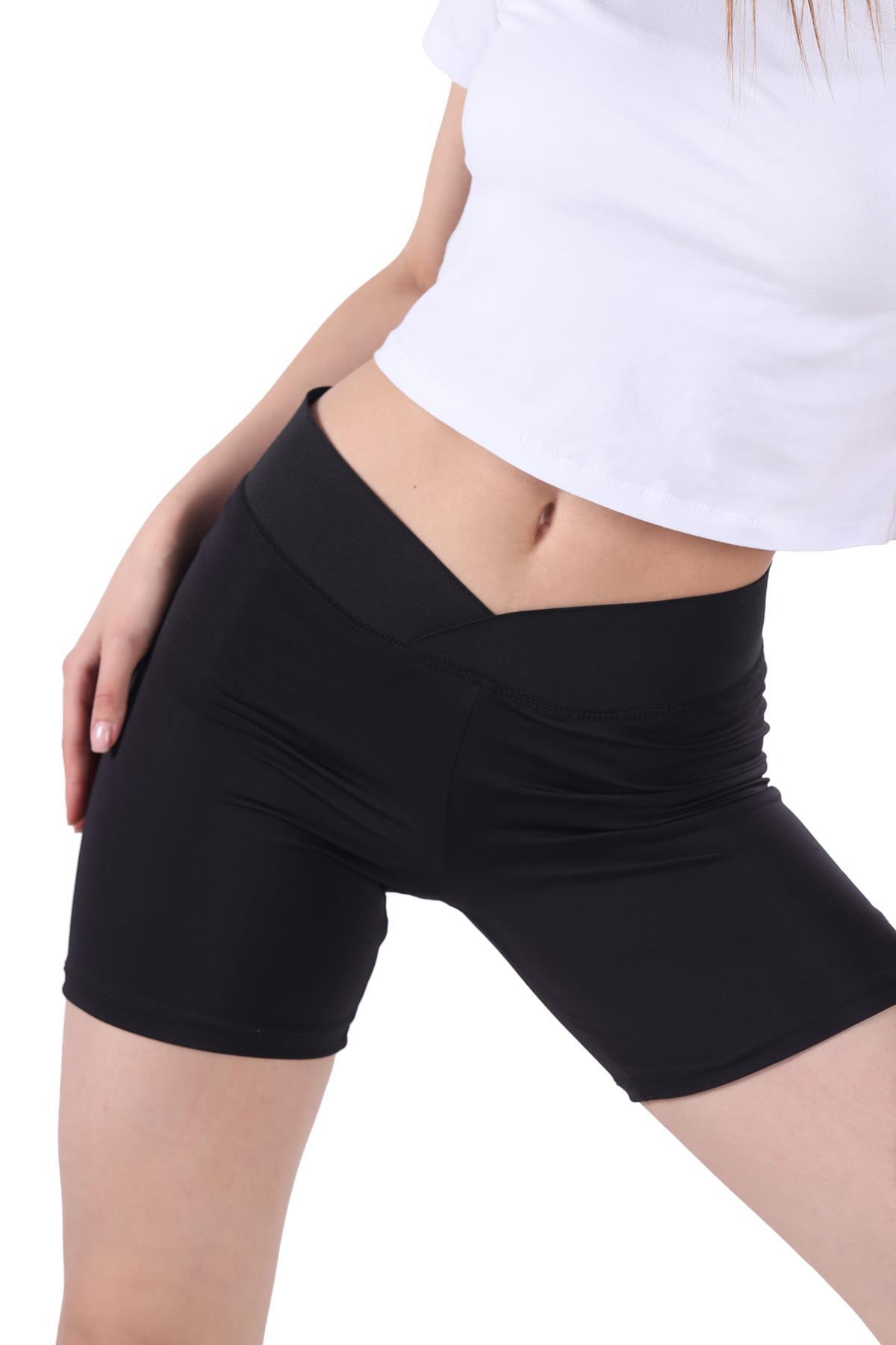 Siyah Yüksek Bel Toparlayıcı Çapraz Spor Şort Tayt 9037M - 3