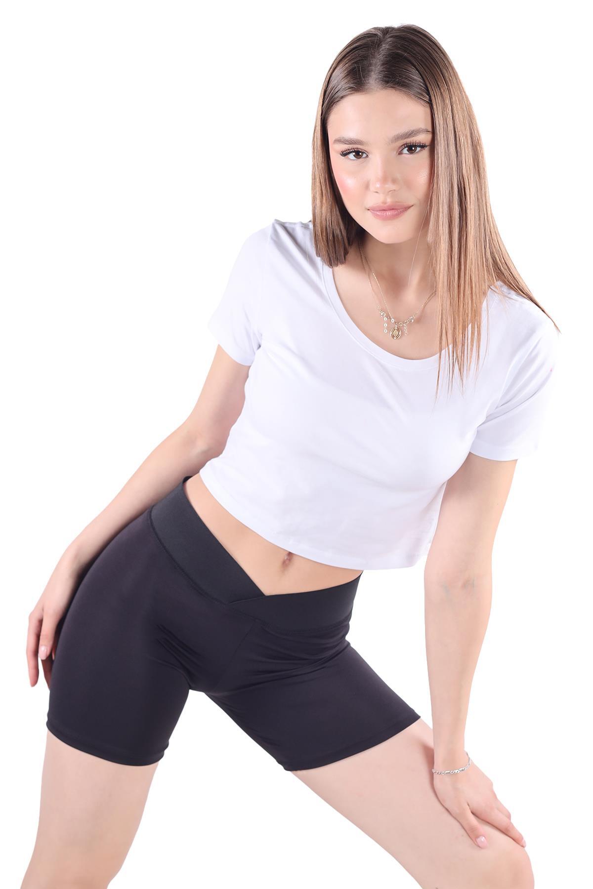 9037M Yüksek Bel Toparlayıcı Çapraz Spor Şort Tayt Siyah 