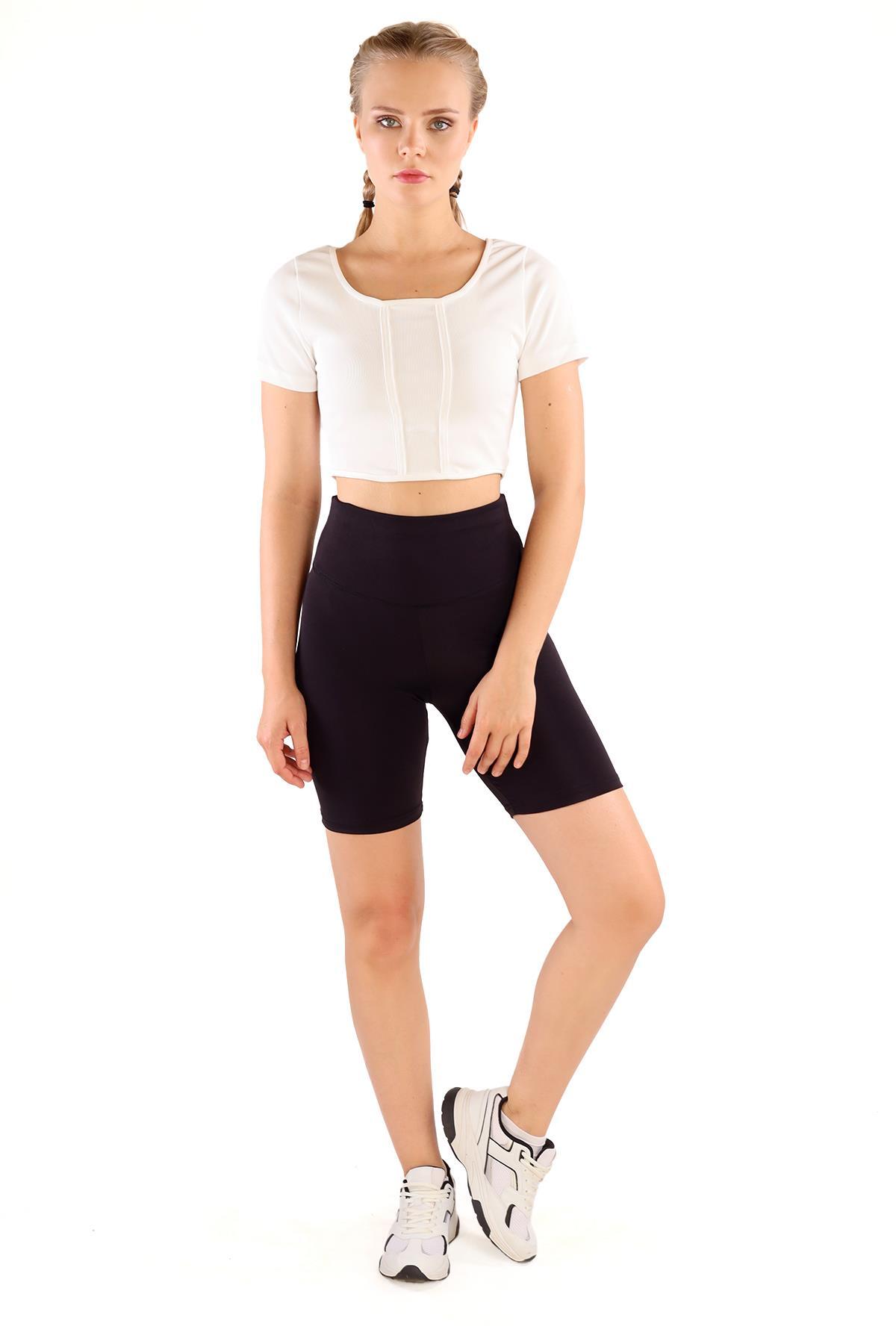 Siyah Yüksek Bel Toparlayıcı Spor Şort Tayt 9038M - 1