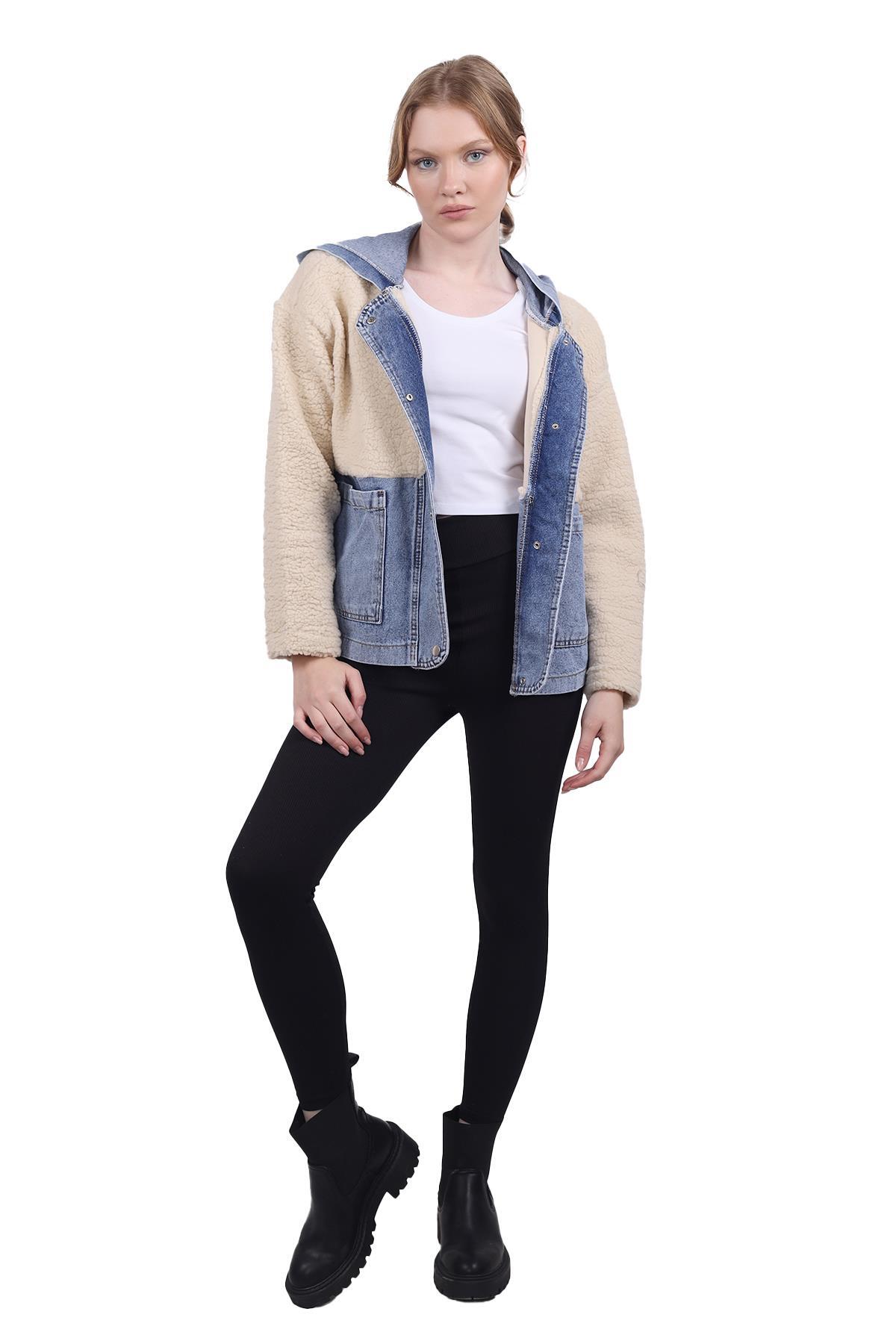 Kapüşonlu Kot Detay Peluş Mont 9063 Taş - RAYS