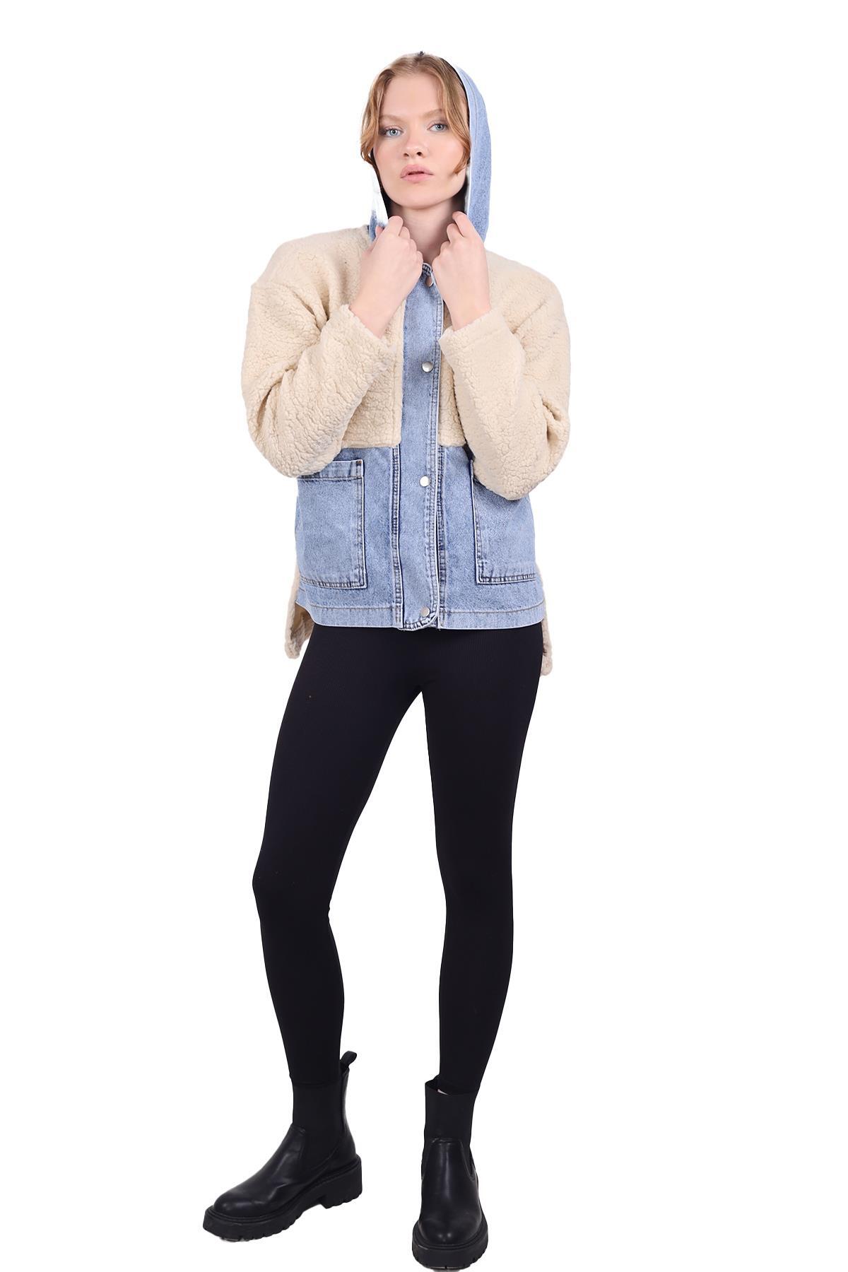 Kapüşonlu Kot Detay Peluş Mont 9063 Taş - 3