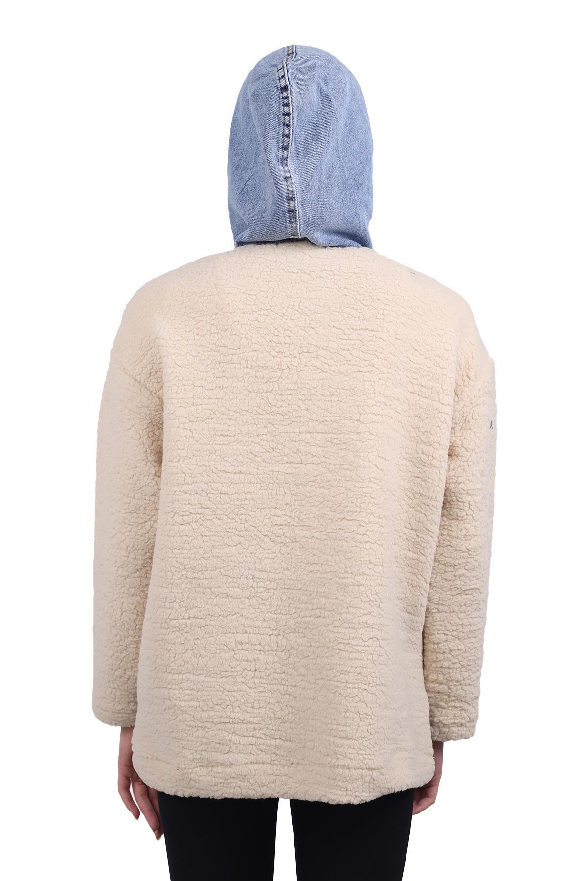 Kapüşonlu Kot Detay Peluş Mont 9063 Taş - 6