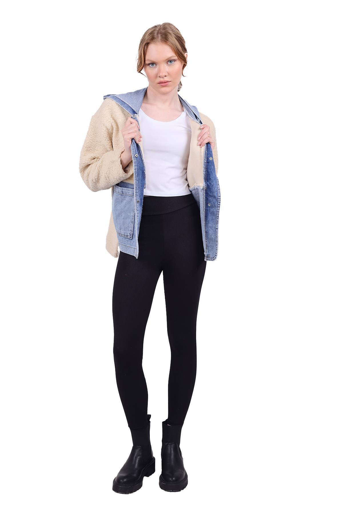 Kapüşonlu Kot Detay Peluş Mont 9063 Taş - 7