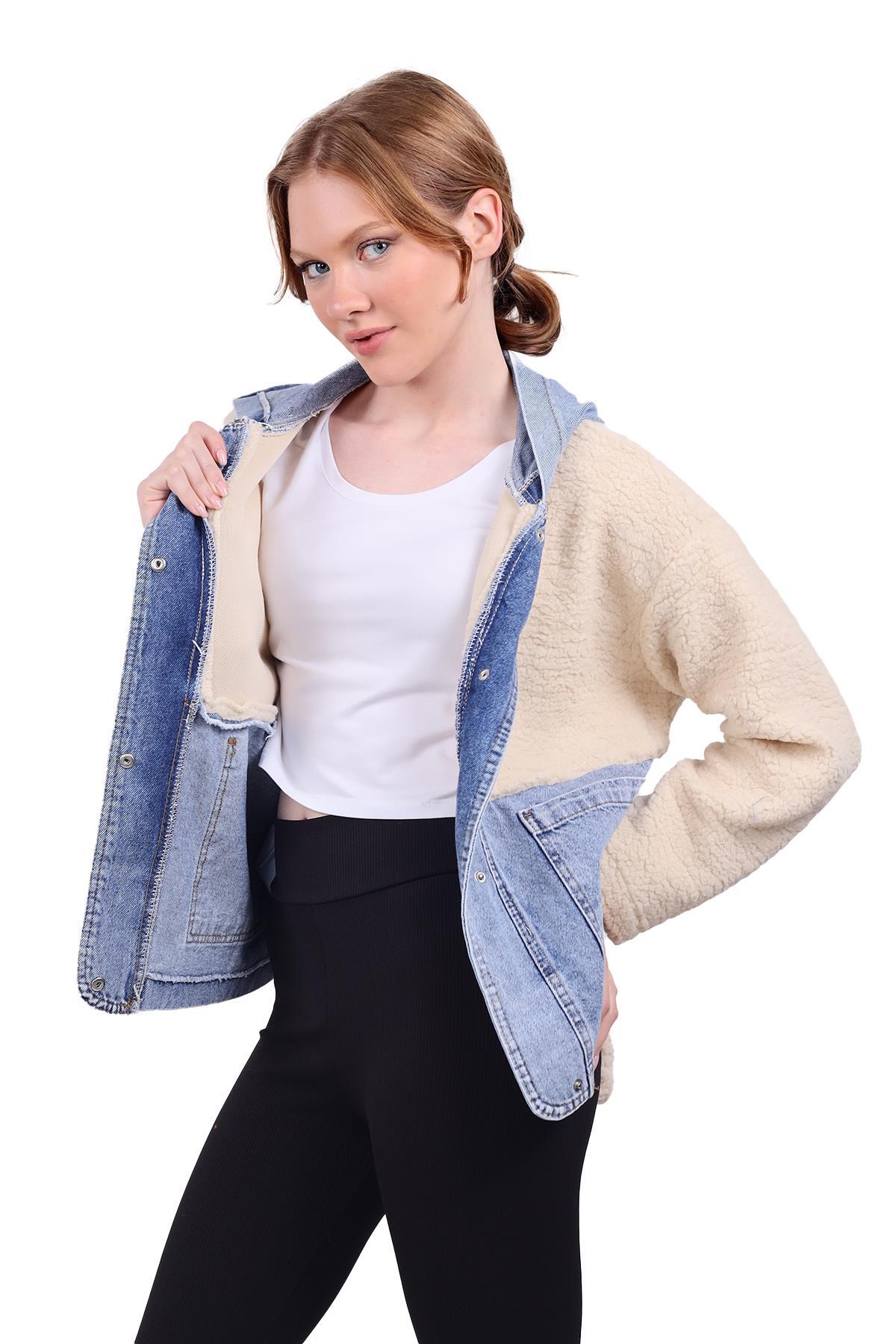 Kapüşonlu Kot Detay Peluş Mont 9063 Taş - 8