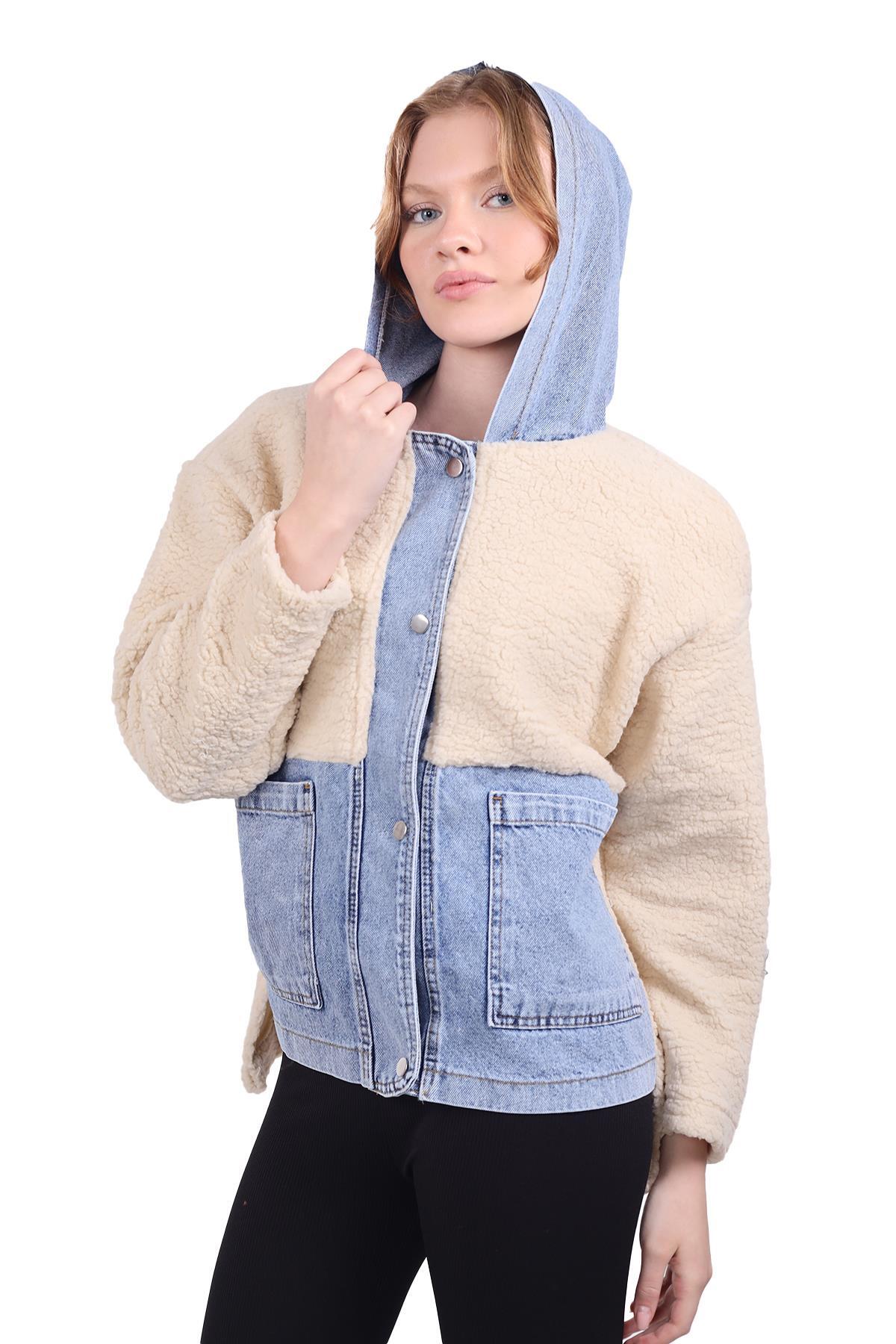 Taş Kapüşonlu Kot Detay Peluş Mont 9063 - 1