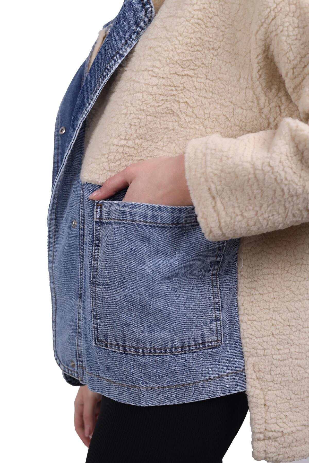 Taş Kapüşonlu Kot Detay Peluş Mont 9063 - 4