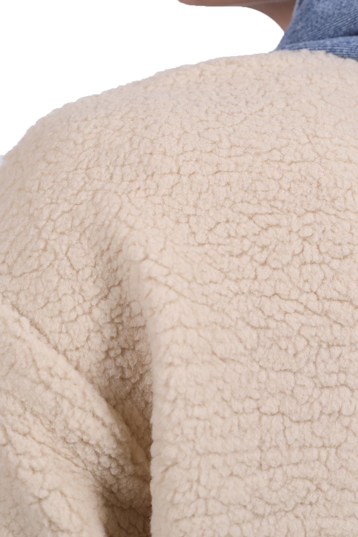 Taş Kapüşonlu Kot Detay Peluş Mont 9063 - 5