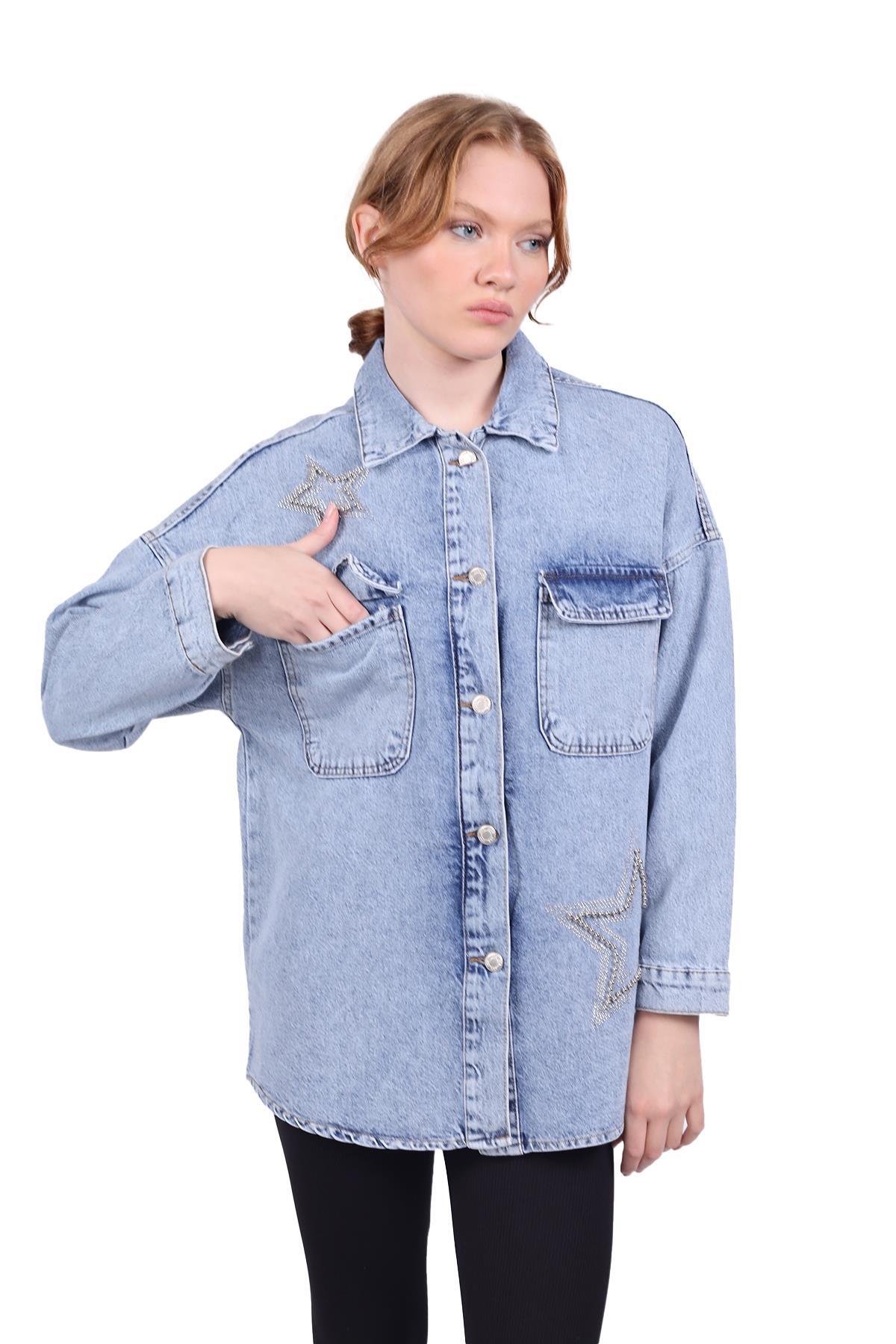 Yıldız Taşlı Jean Ceket 9064 Buzkar - 7
