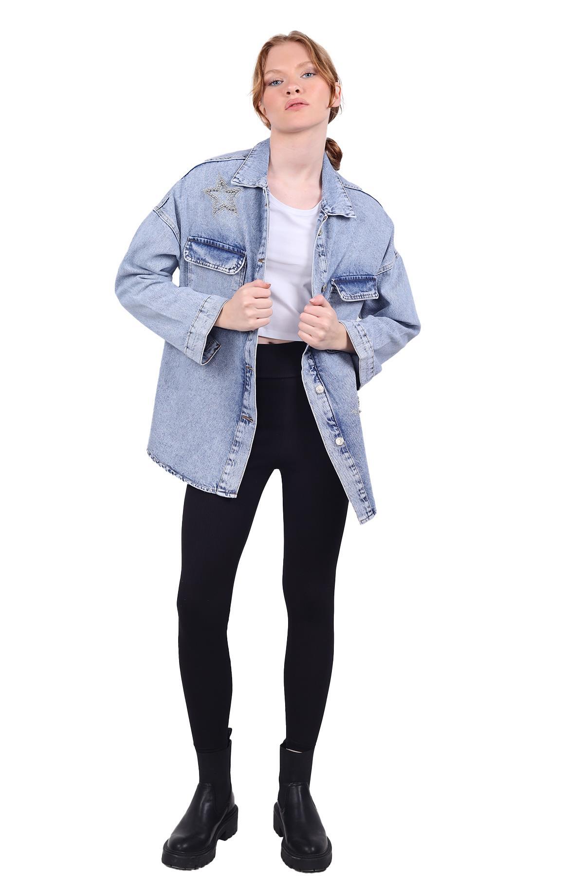 Yıldız Taşlı Jean Ceket 9064 Buzkar - 8