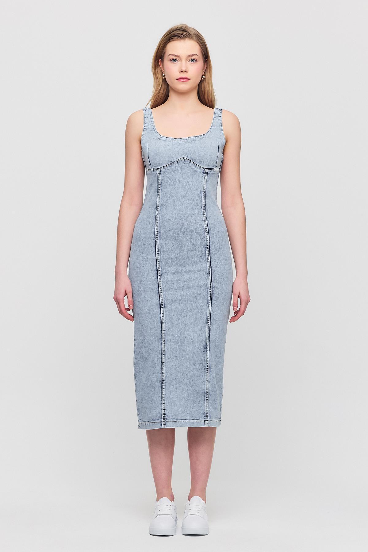 9066 Askılı Kot Elbise Buzkar - 2