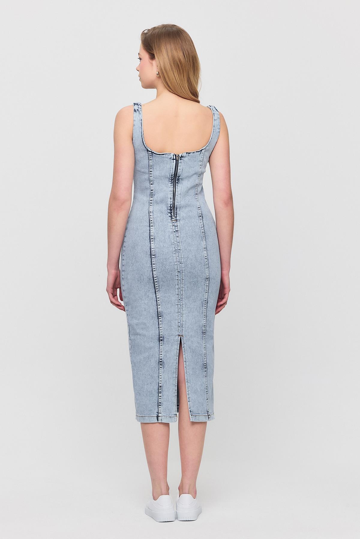 9066 Askılı Kot Elbise Buzkar - 5