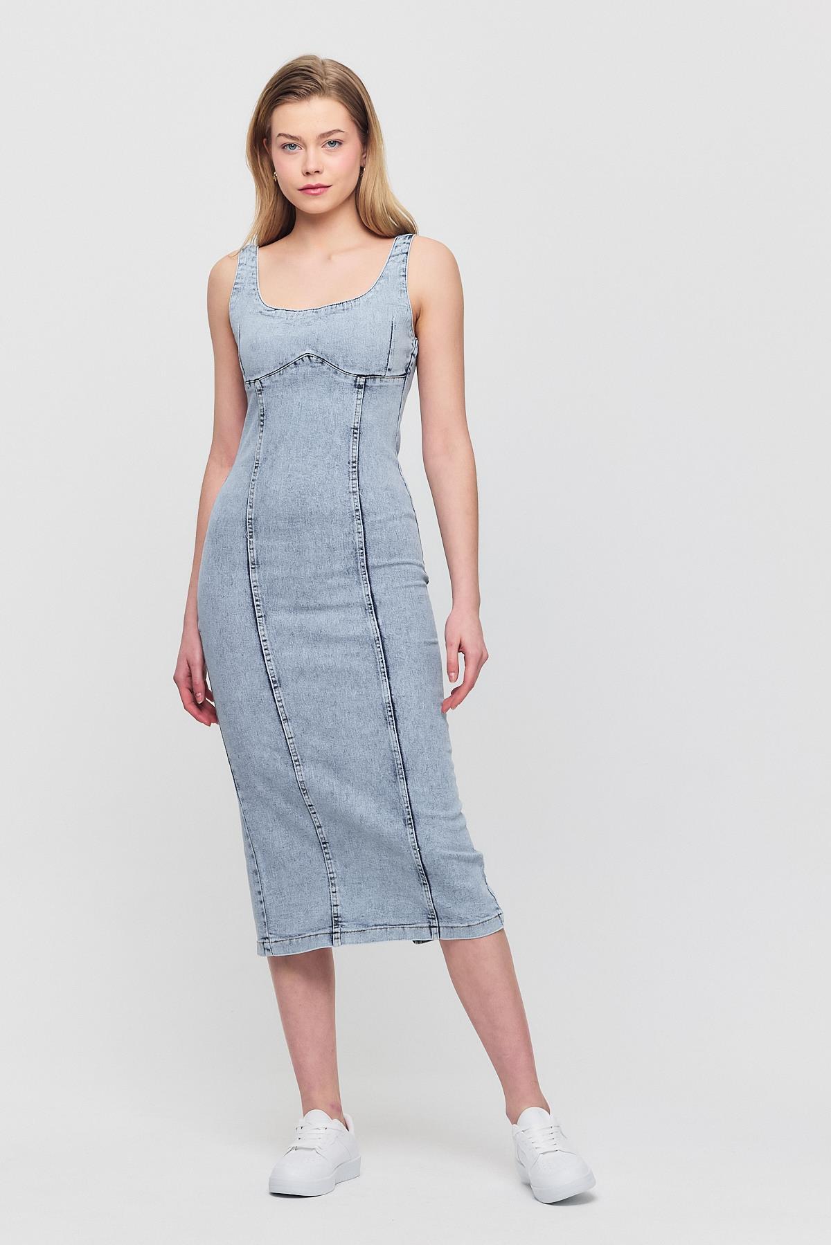 Buzkar Askılı Kot Elbise 9066 - 1