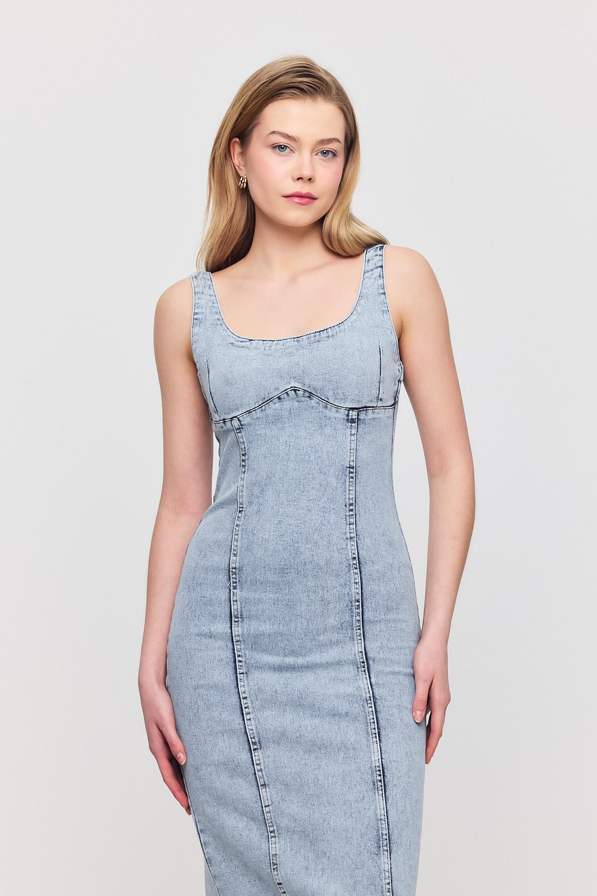 Buzkar Askılı Kot Elbise 9066 - 3