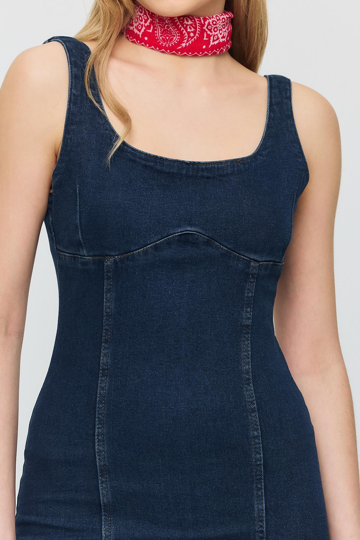 9066 Askılı Kot Elbise Koyu Mavi - 4