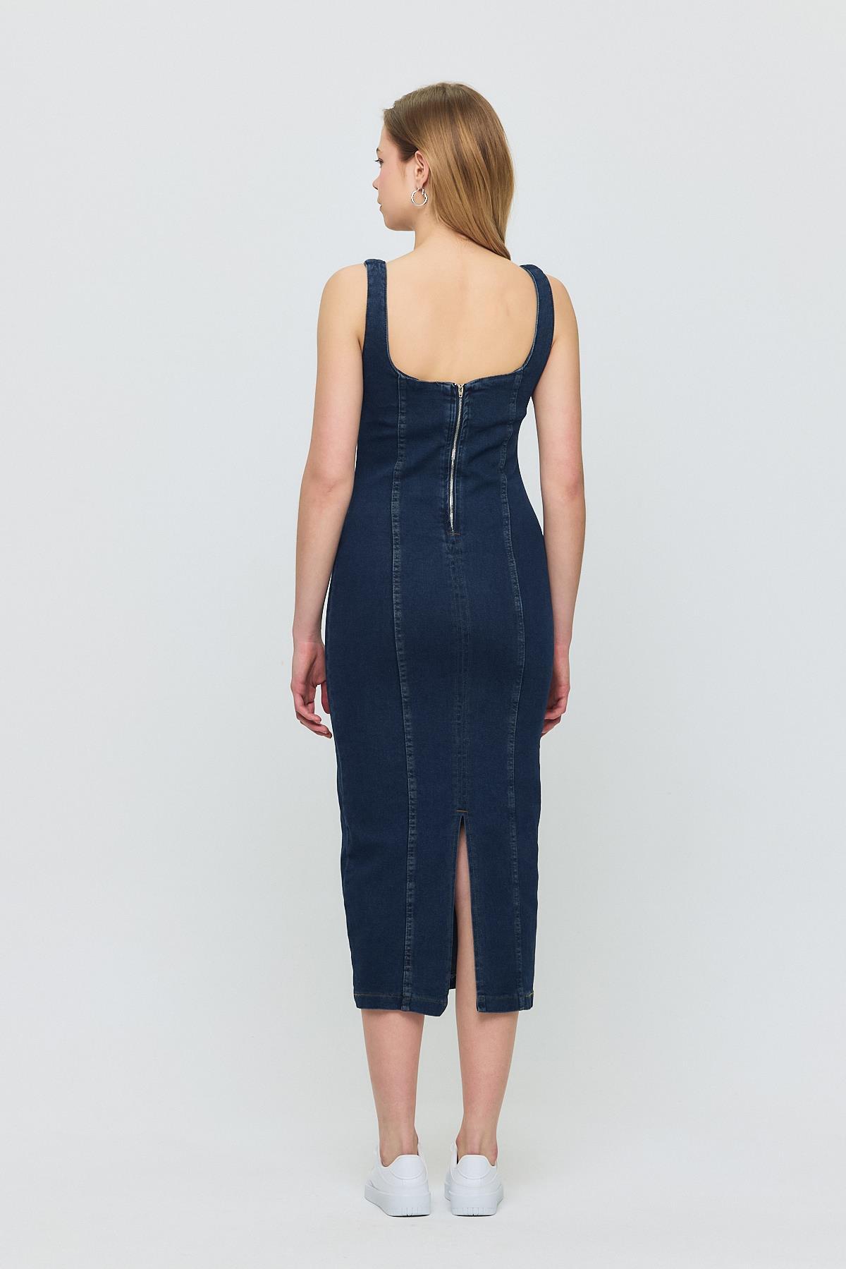 9066 Askılı Kot Elbise Koyu Mavi - 5