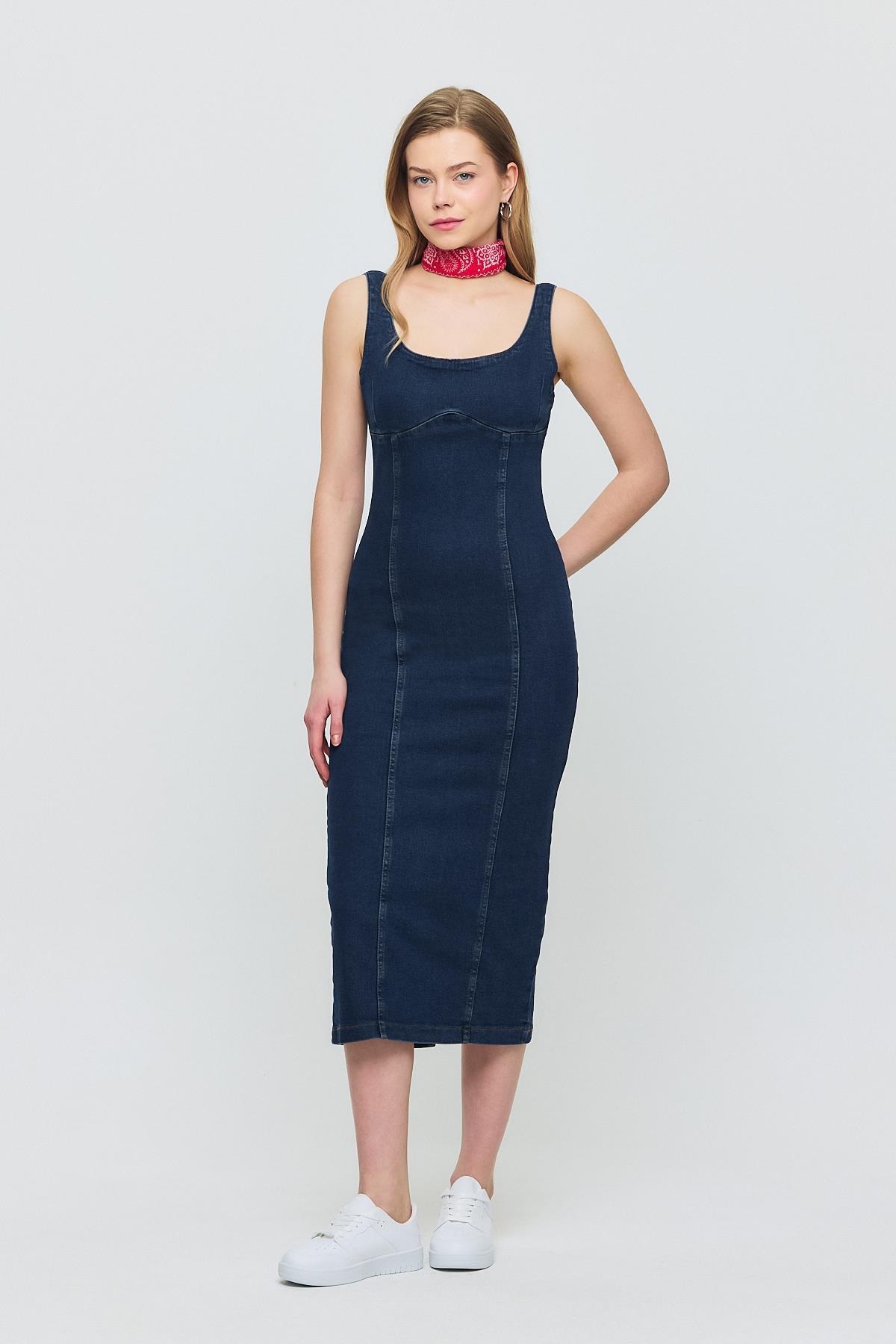 9066 Askılı Kot Elbise Koyu Mavi - 1