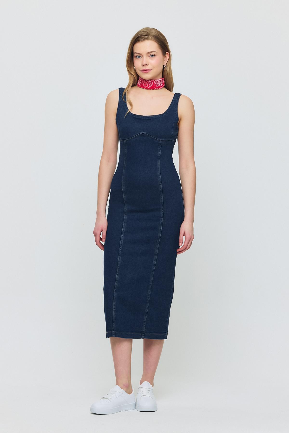 Koyu Mavi Askılı Kot Elbise 9066 - 2