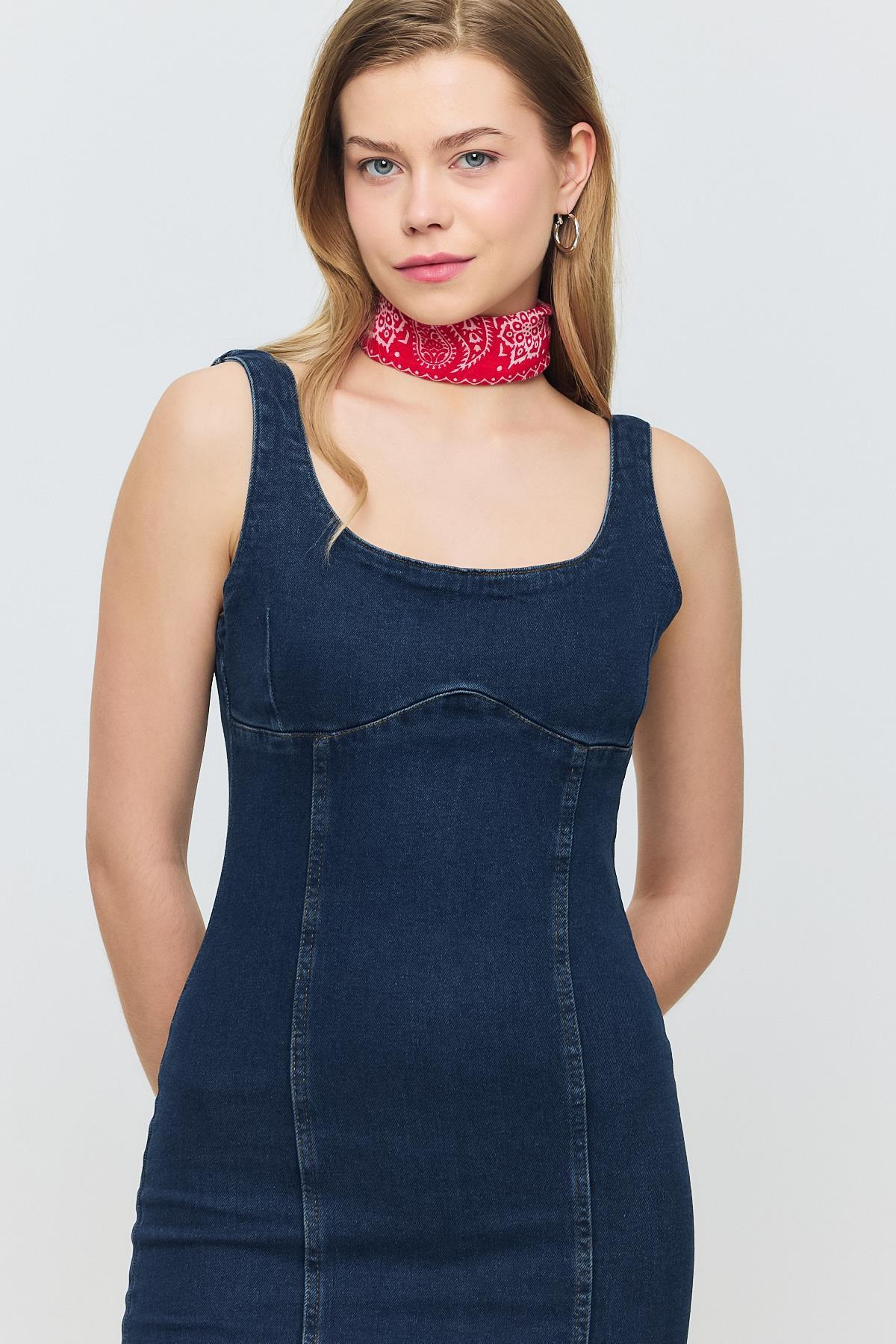 Koyu Mavi Askılı Kot Elbise 9066 - 3