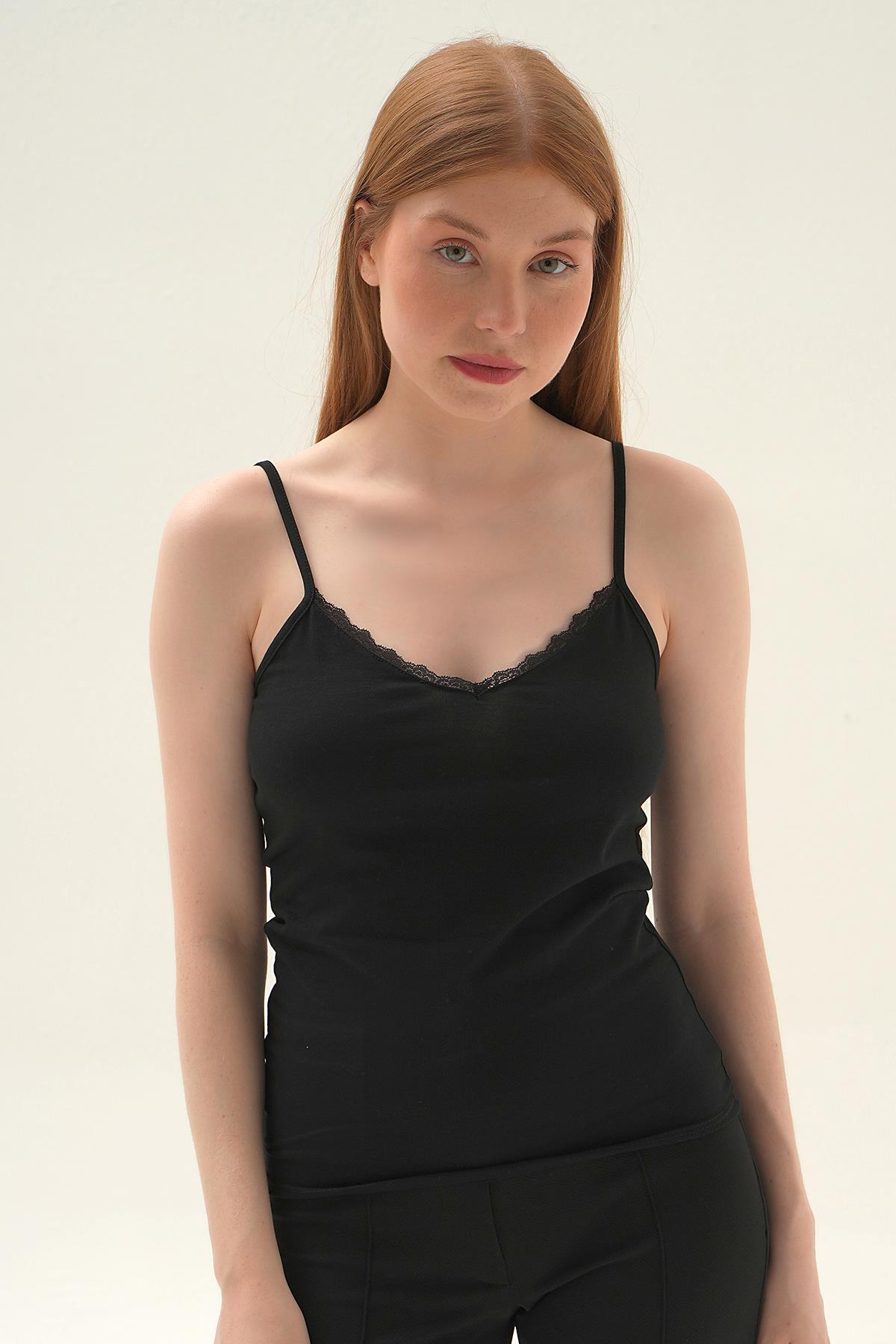 907 Askılı Dantelli Atlet Siyah - 4