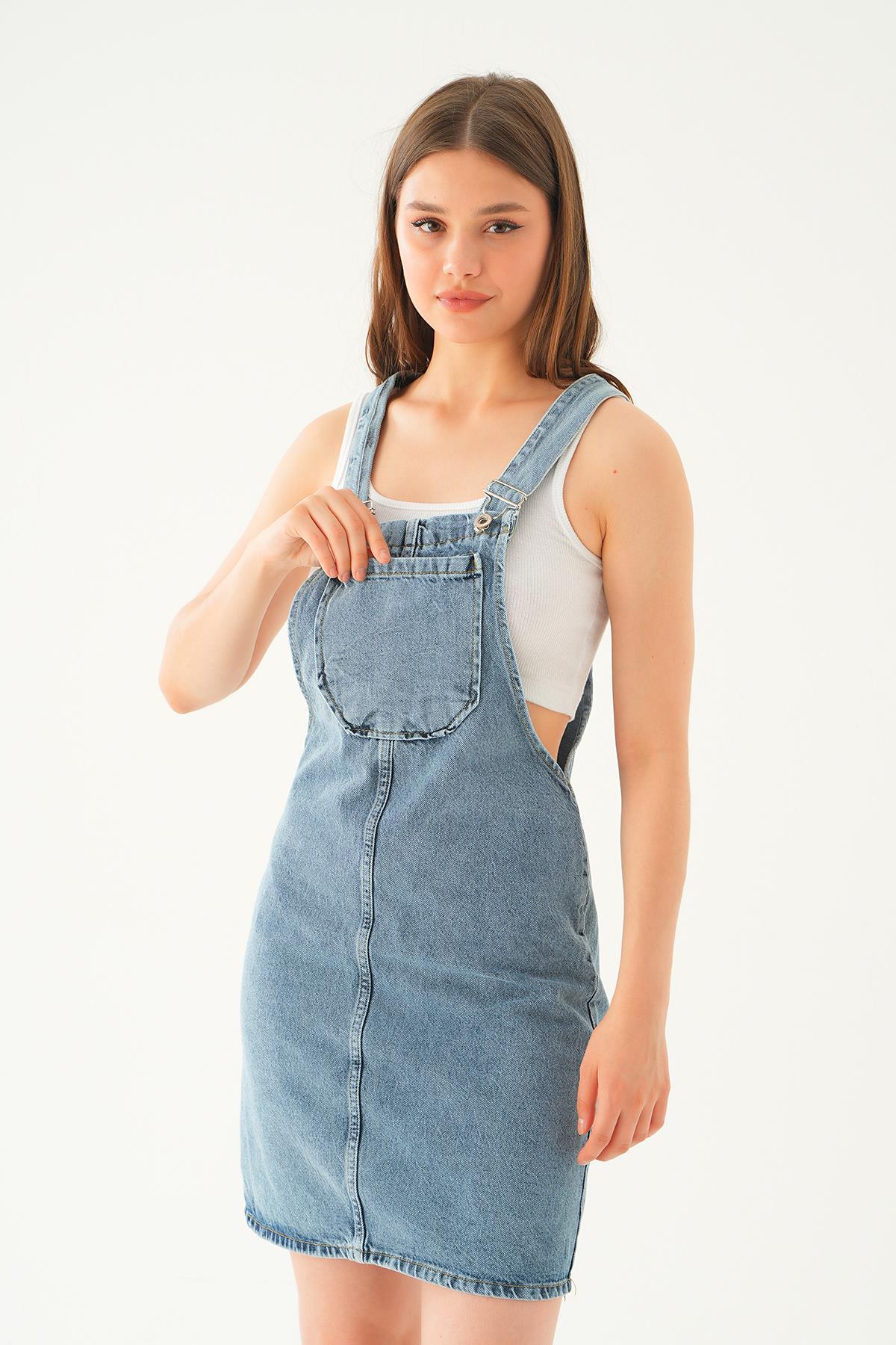 9077 Ön Cep Detay Elbise Mavi - 1