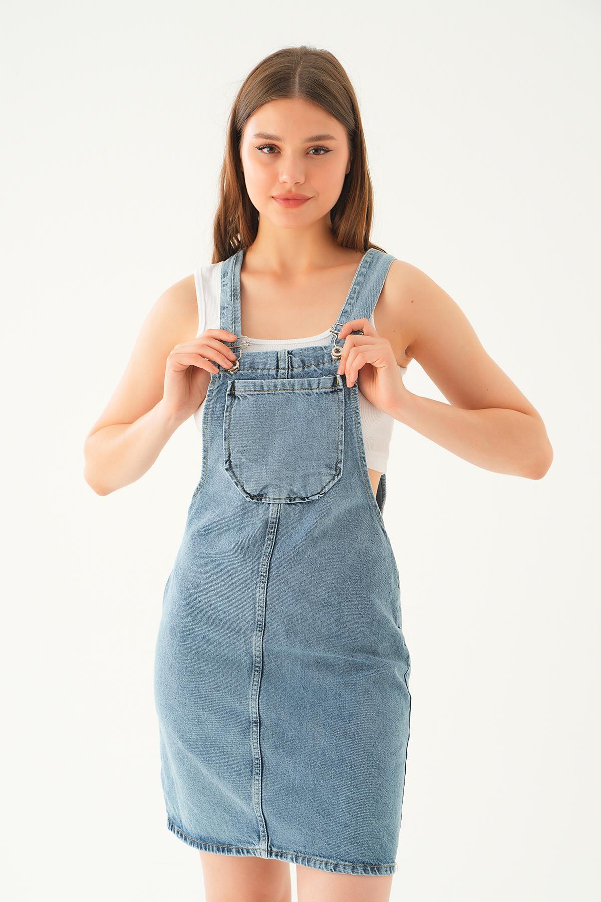 9077 Ön Cep Detay Elbise Mavi - 5