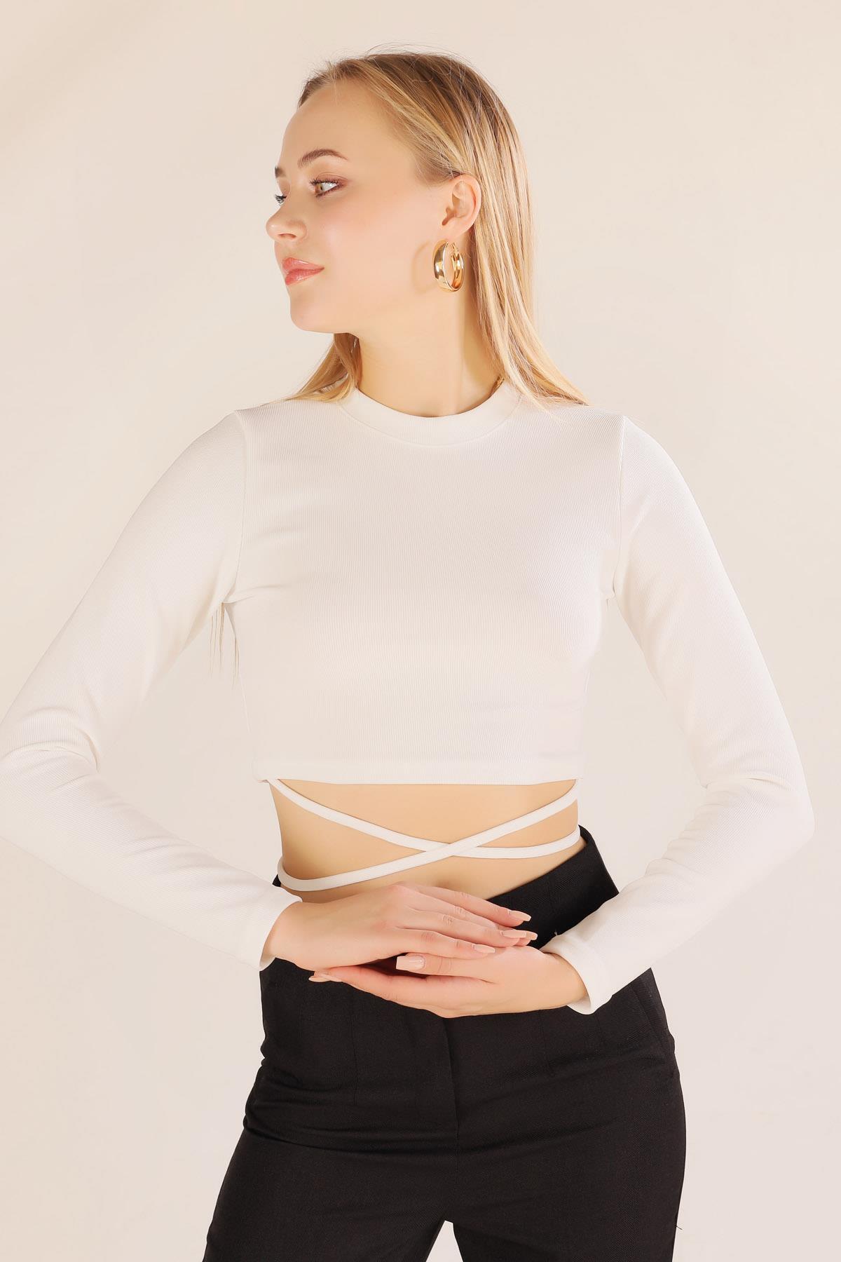 9078-1 Bel İp Bağlamalı Bluz Beyaz 