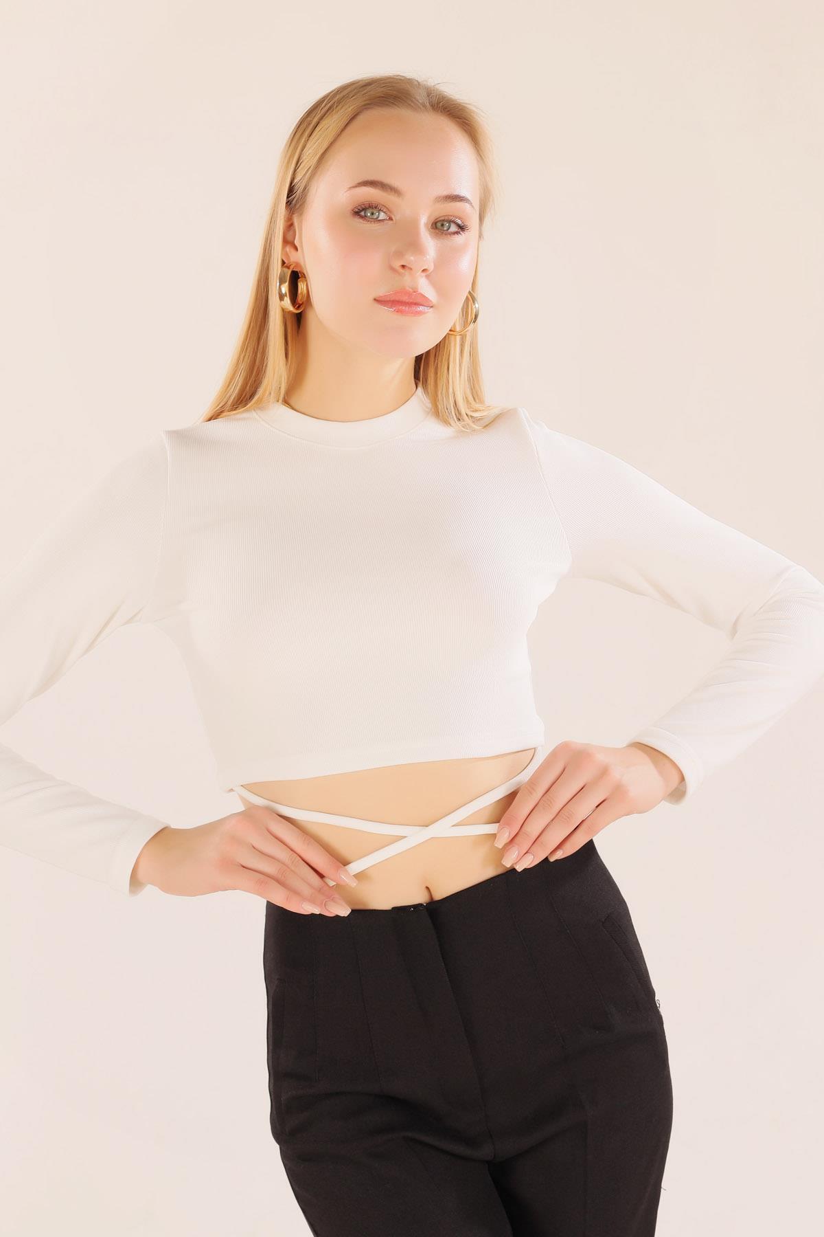 9078-1 Bel İp Bağlamalı Bluz Beyaz - 5