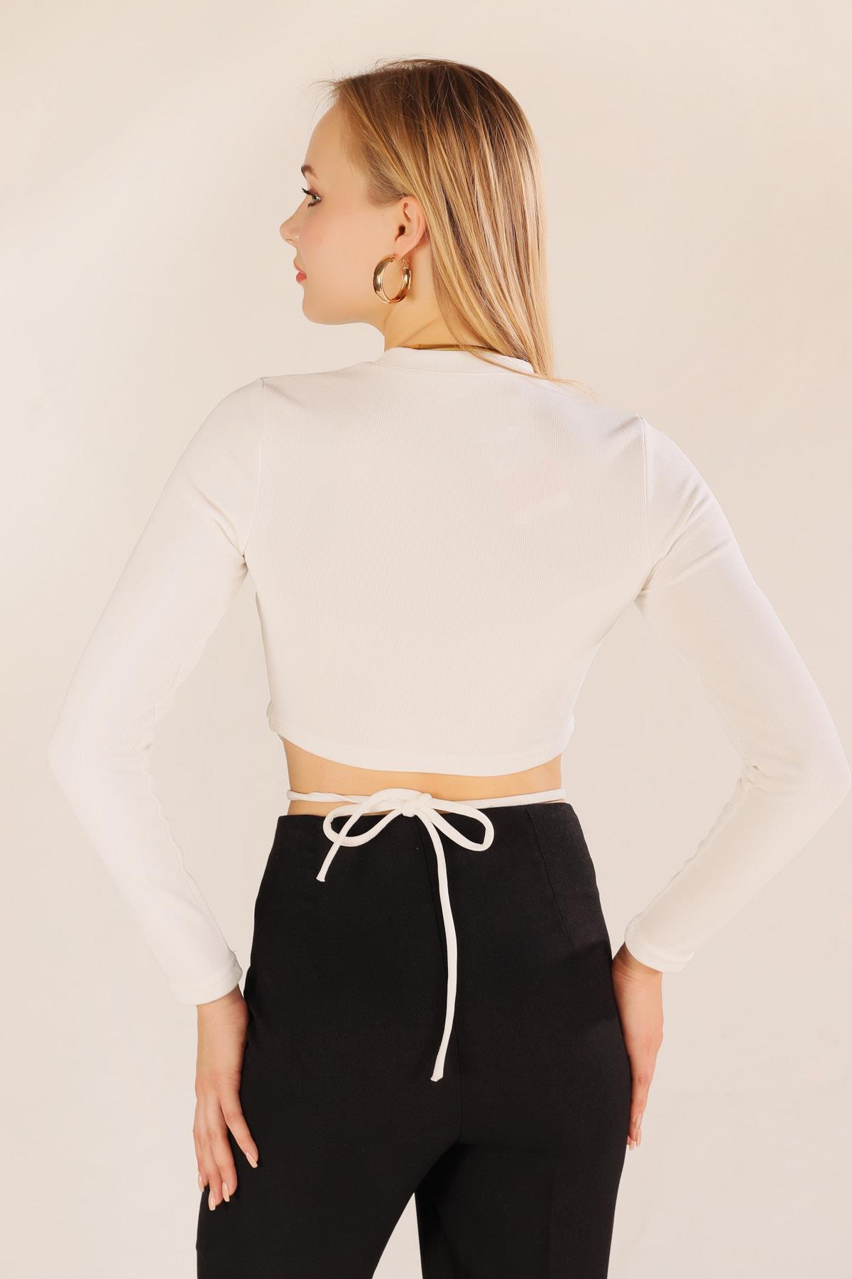 9078-1 Bel İp Bağlamalı Bluz Beyaz - 6