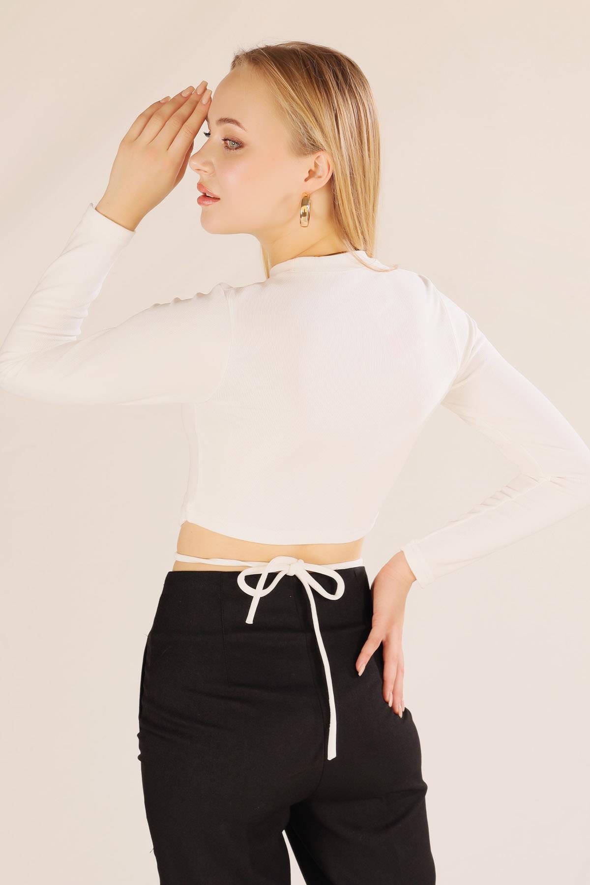 9078-1 Bel İp Bağlamalı Bluz Beyaz - 8