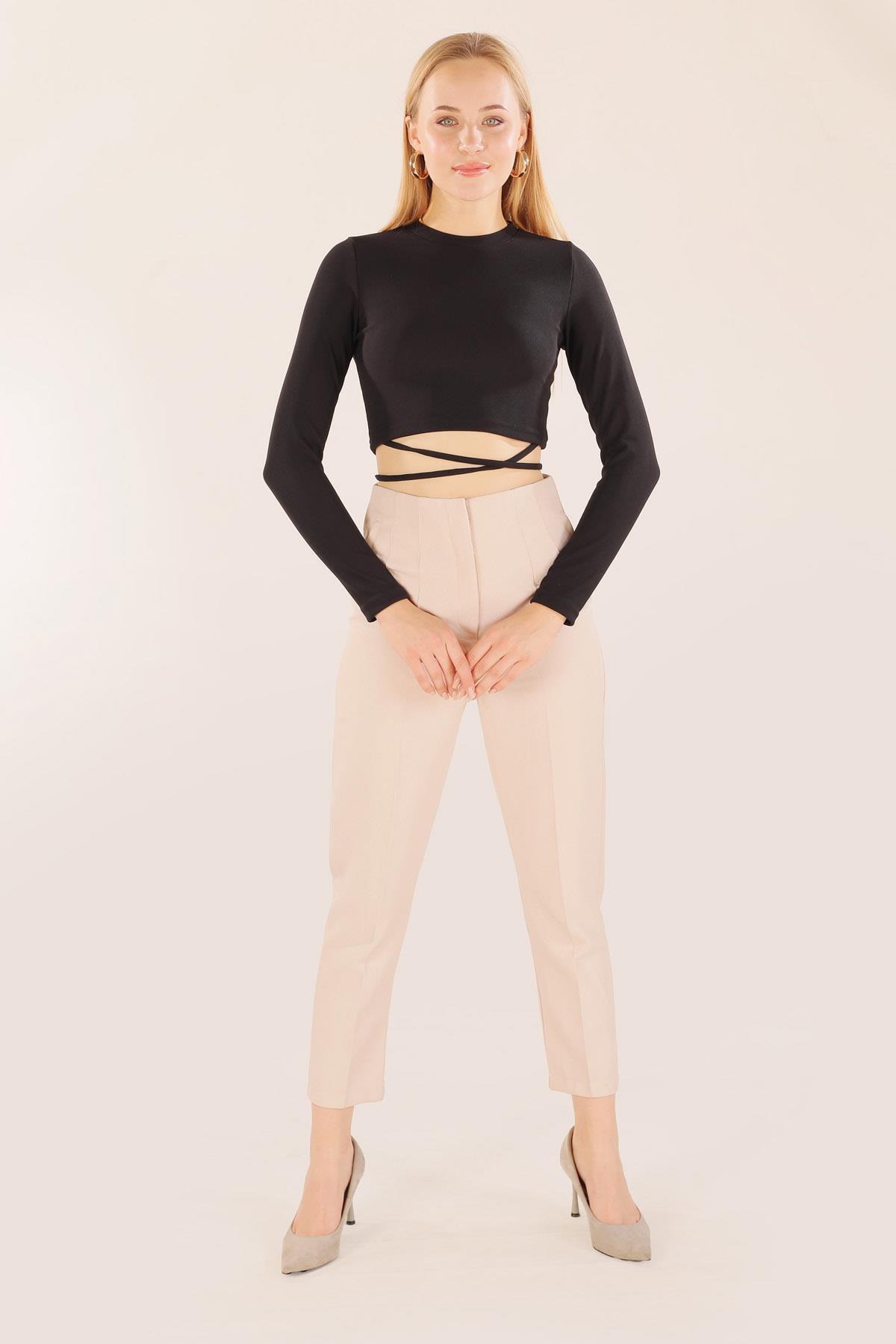 9078-1 Bel İp Bağlamalı Bluz Siyah - 6