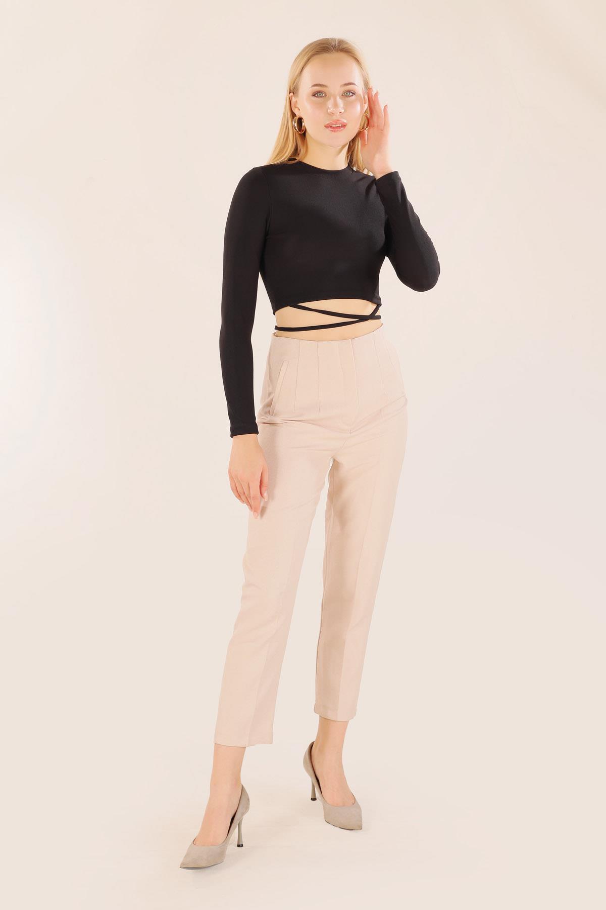 9078-1 Bel İp Bağlamalı Bluz Siyah - 7