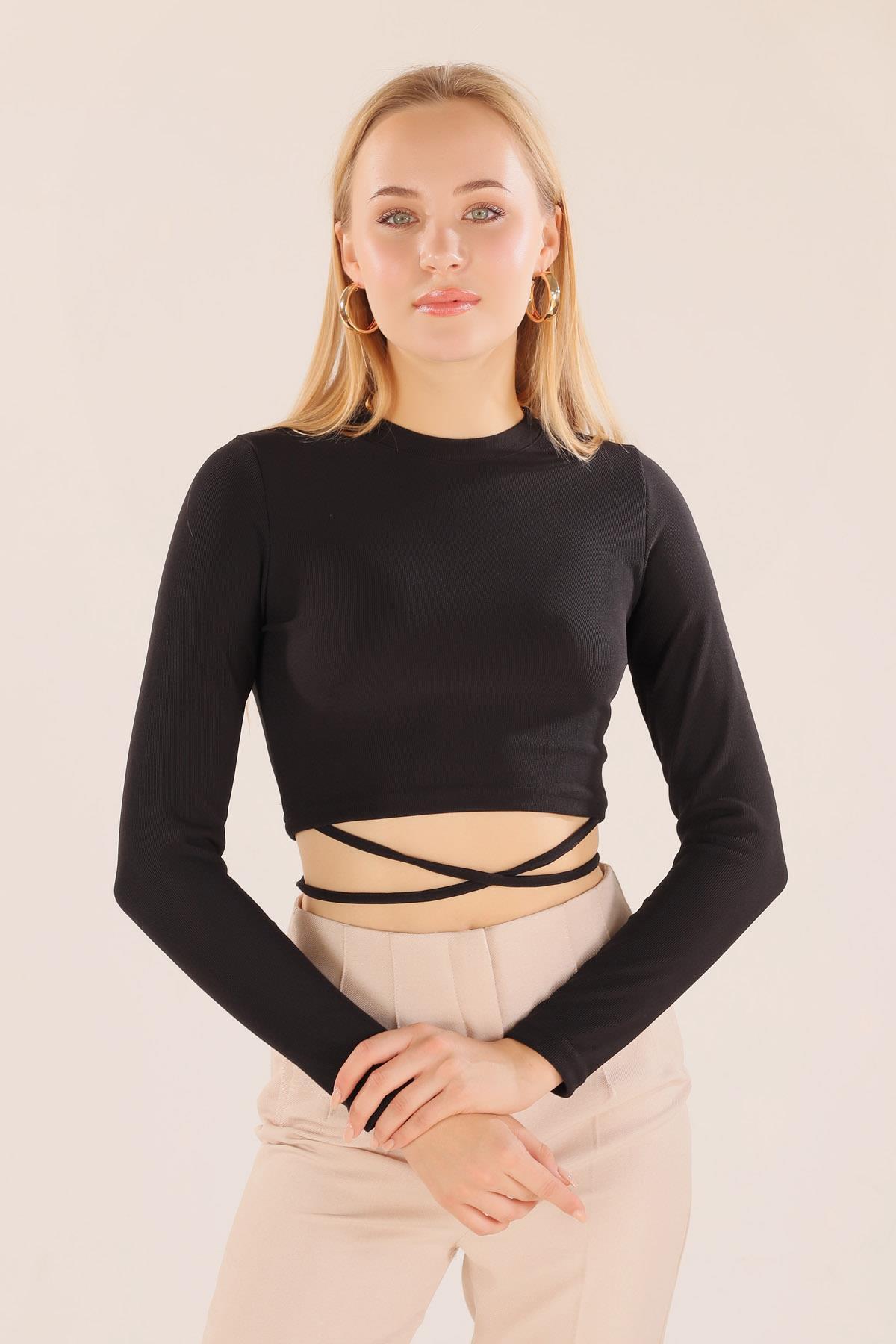 9078-1 Bel İp Bağlamalı Bluz Siyah - 3