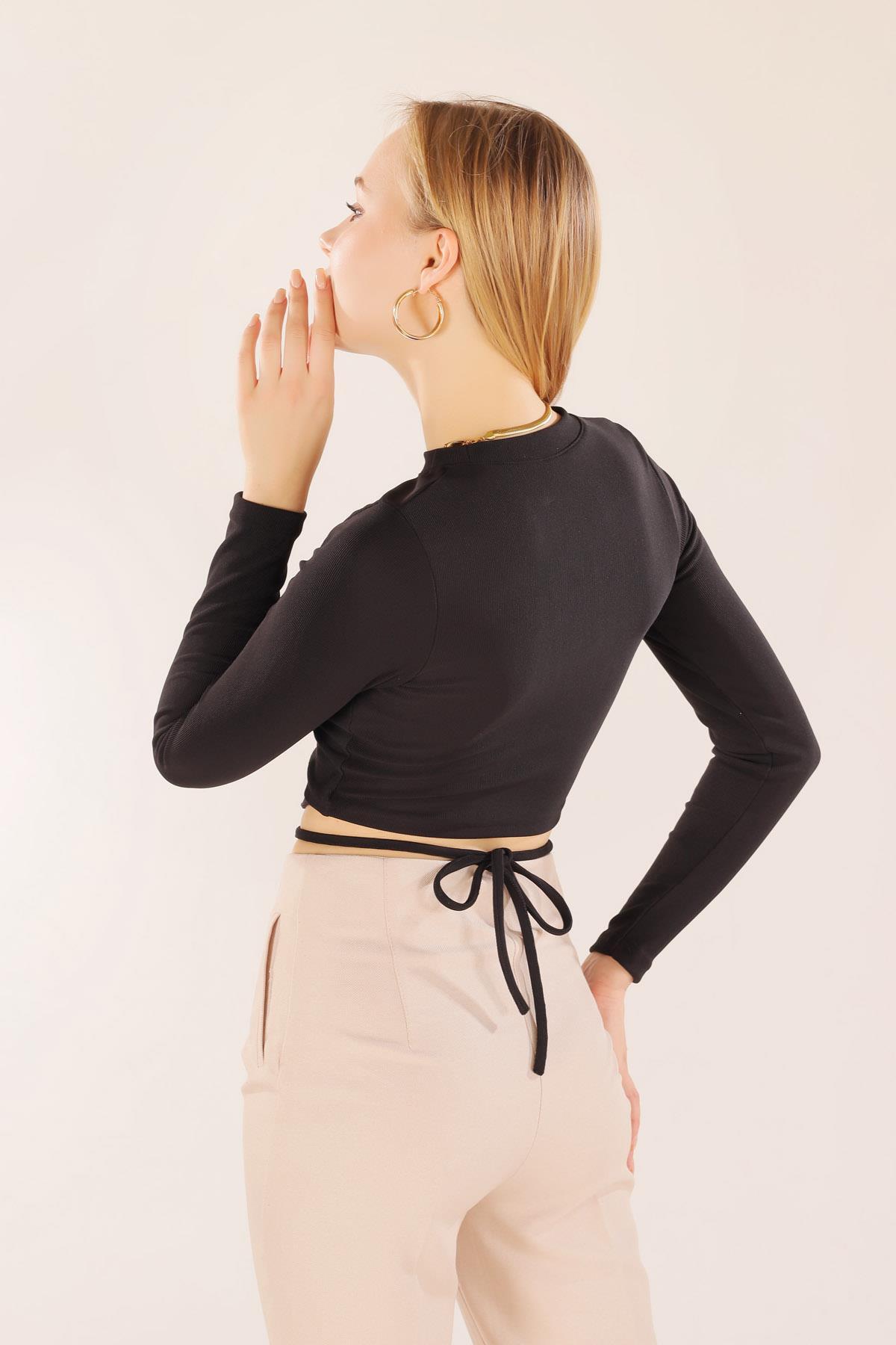 9078-1 Bel İp Bağlamalı Bluz Siyah - 5