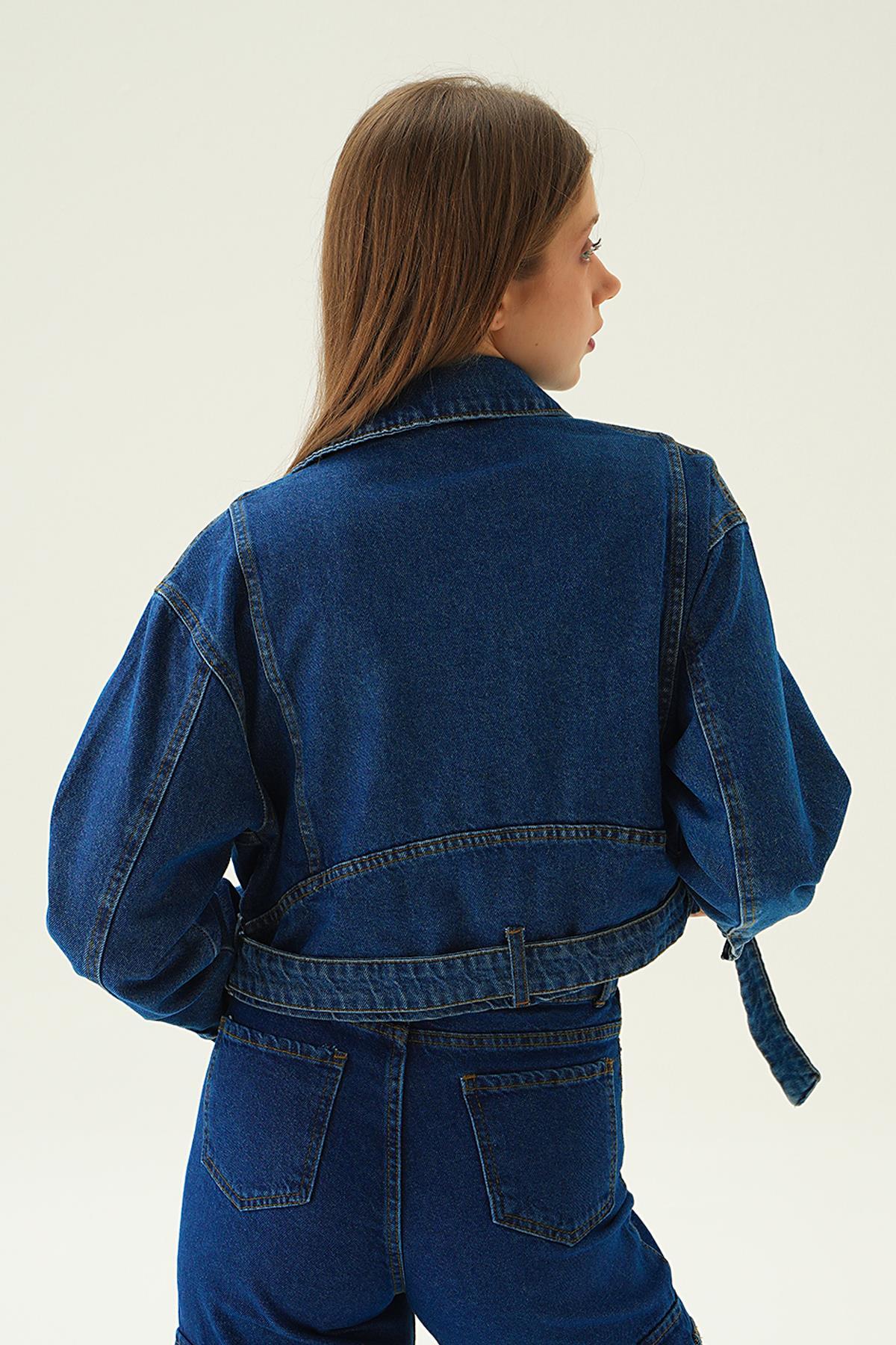 9096 Fermuar Detay Kemerli Kot Ceket Koyu Mavi - 3