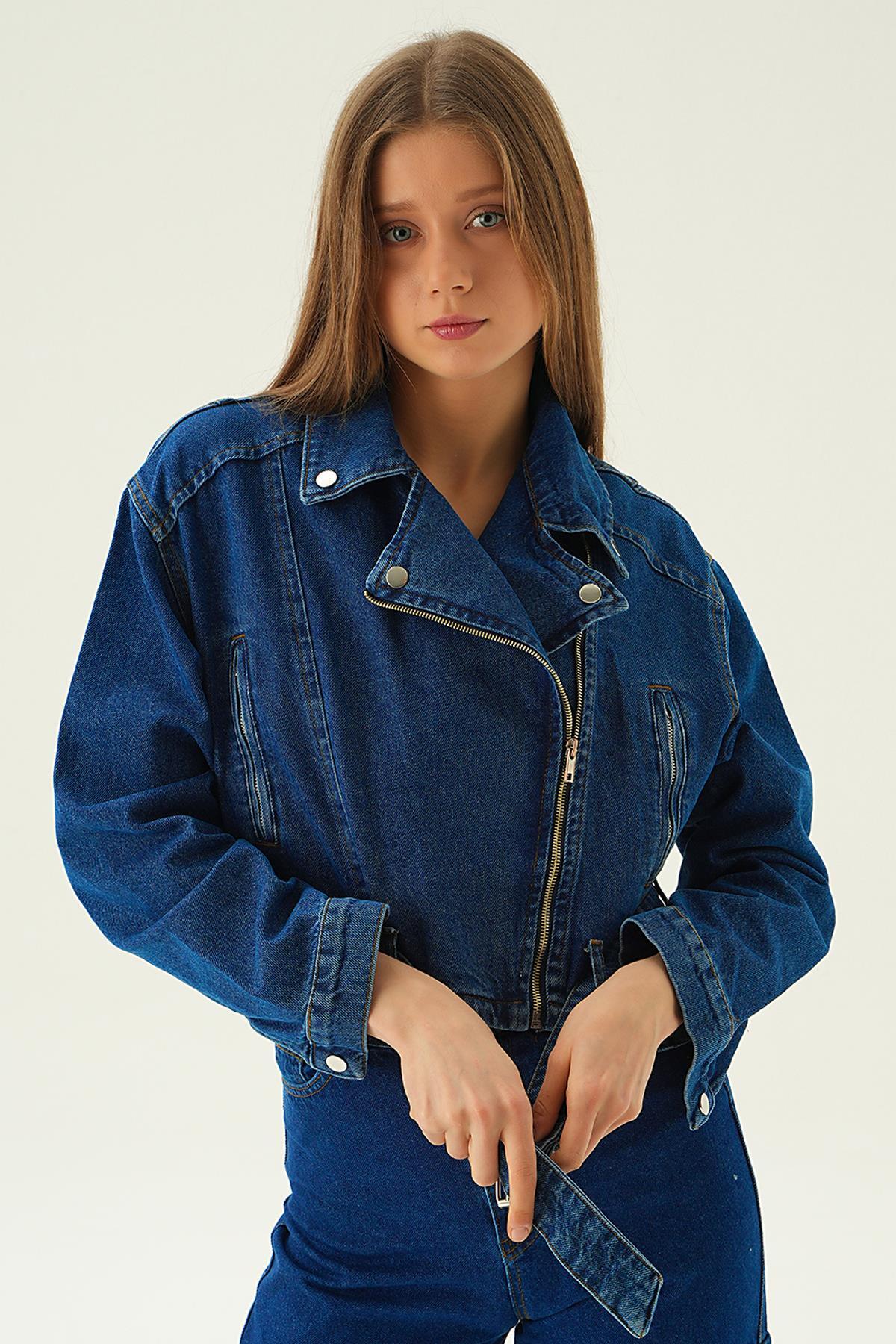 Koyu Mavi Fermuar Detay Kemerli Kot Ceket 9096 - 1