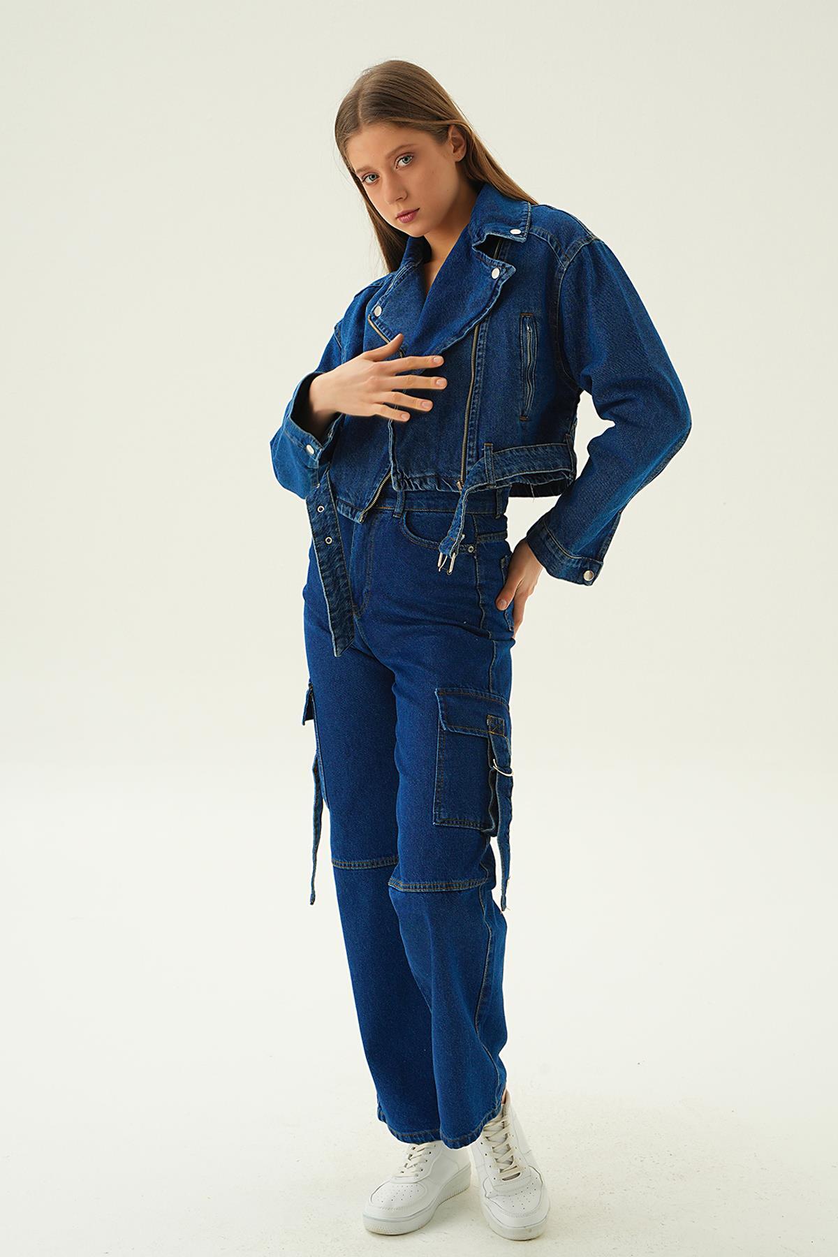 Koyu Mavi Fermuar Detay Kemerli Kot Ceket 9096 - 2