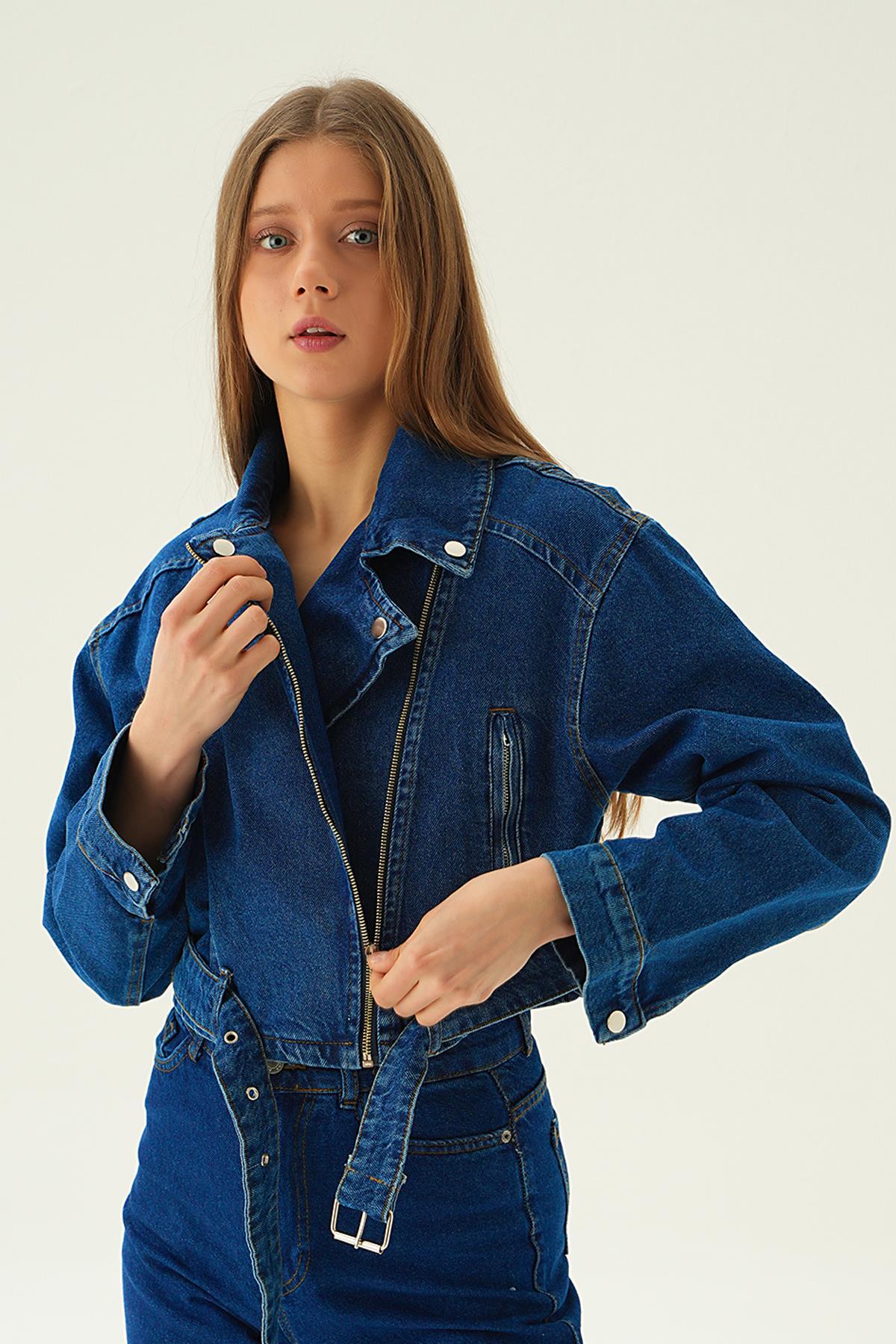 Koyu Mavi Fermuar Detay Kemerli Kot Ceket 9096 - 4